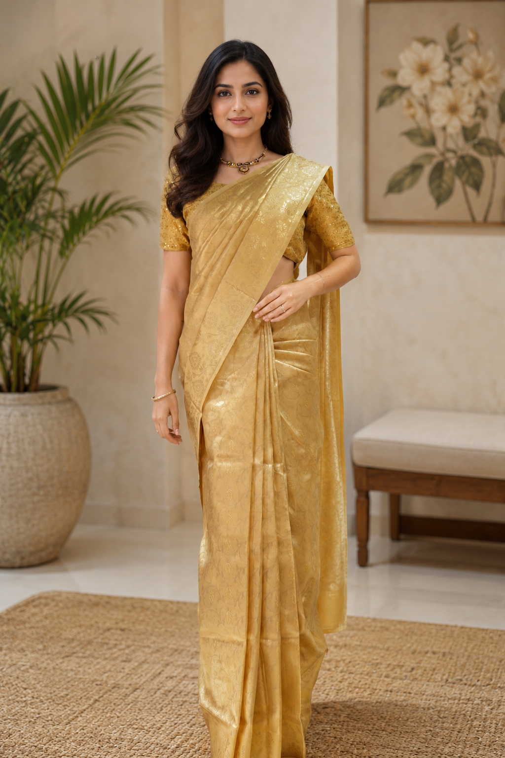 Synthetic saree in gold shade