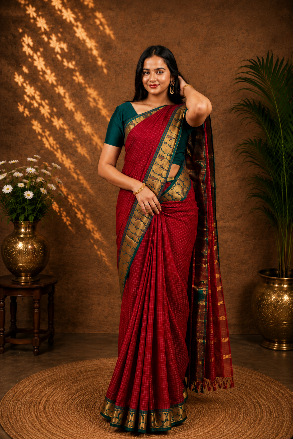 Kadal meengal Karaikudi cotton saree in maroon with peacock border