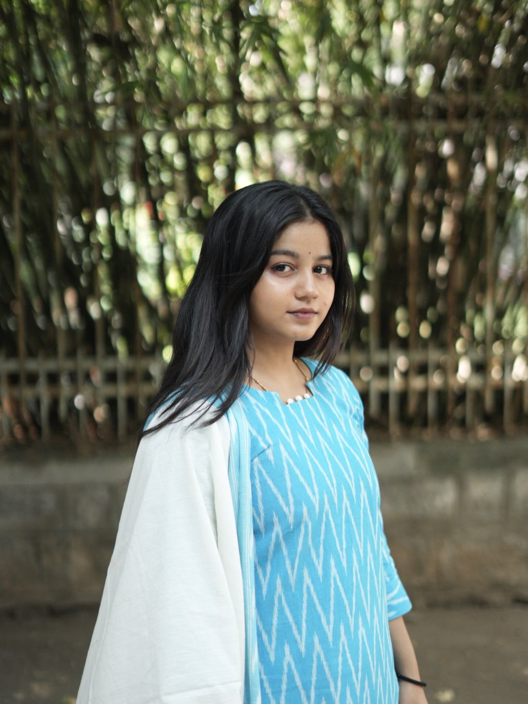 Yamuna Sky Blue Ikat Cotton Salwar Set with Elegant White Dupatta