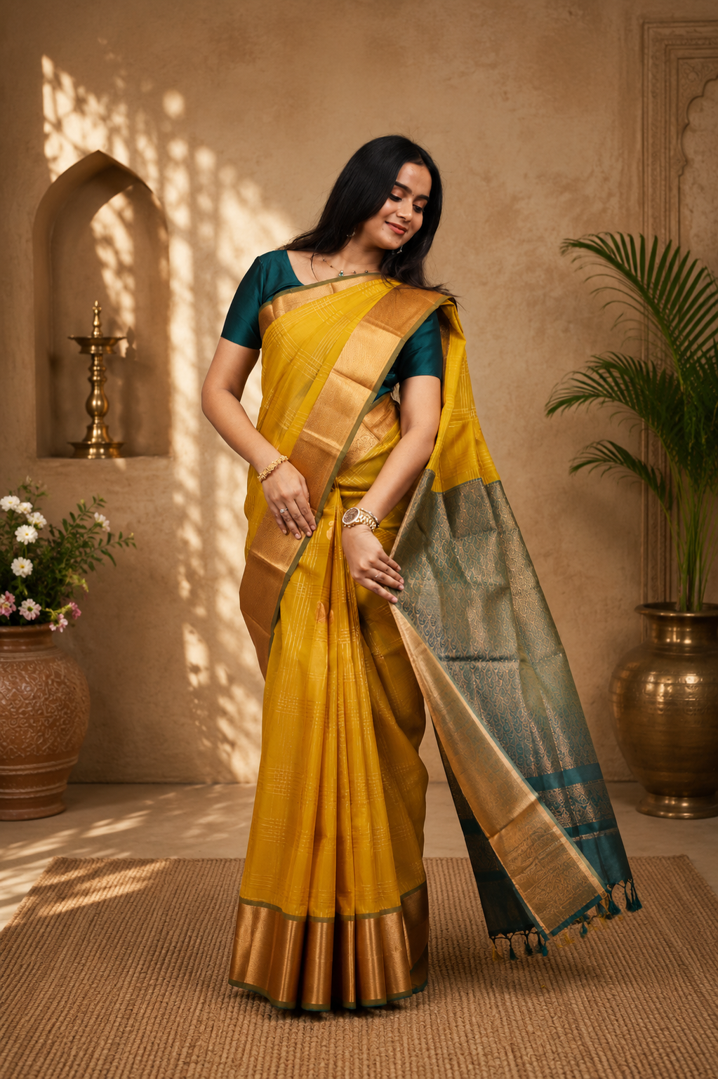 Silk cotton saree in amber with emerald green border