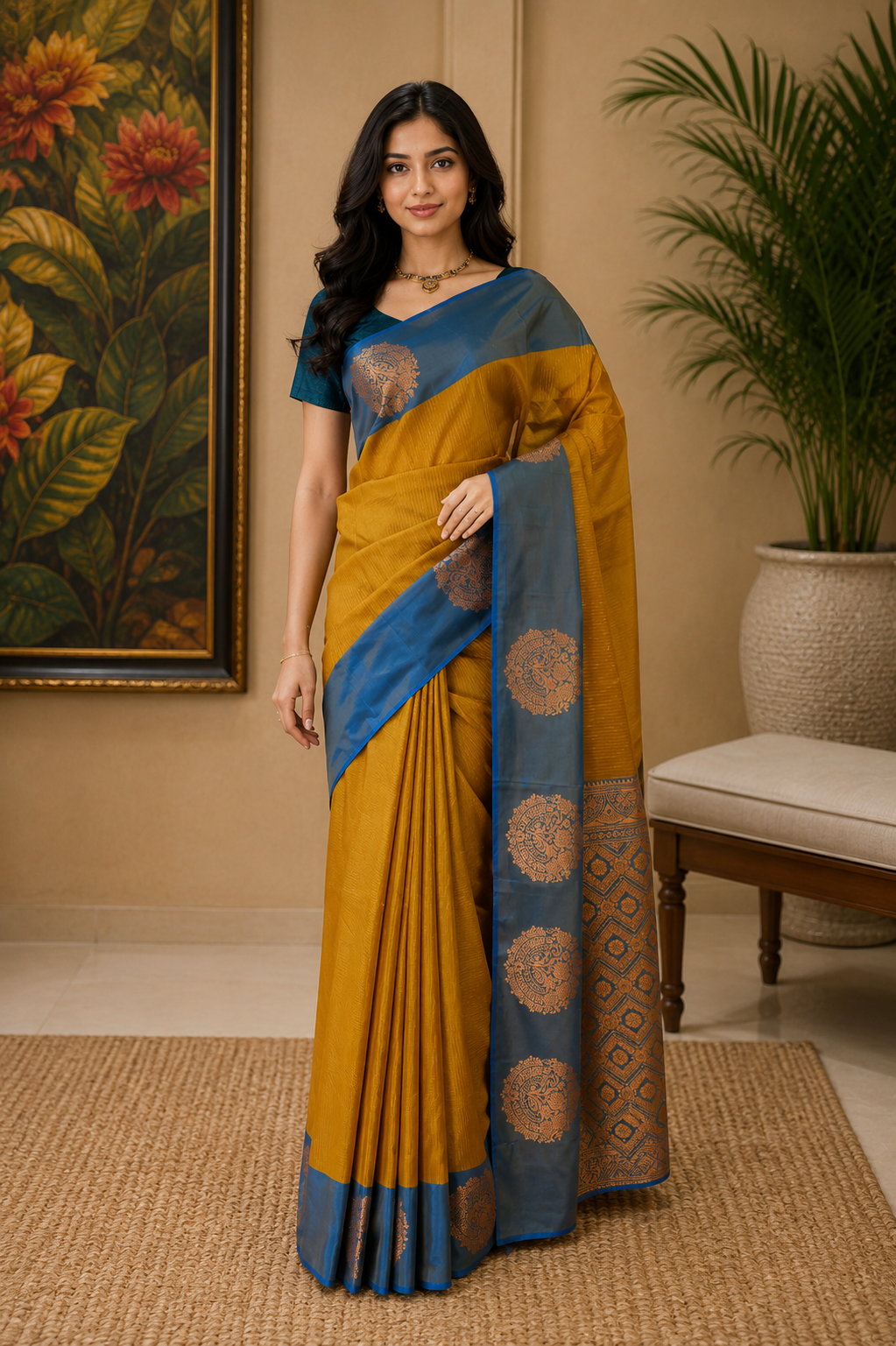 Art pure silk in golden green with steel blue