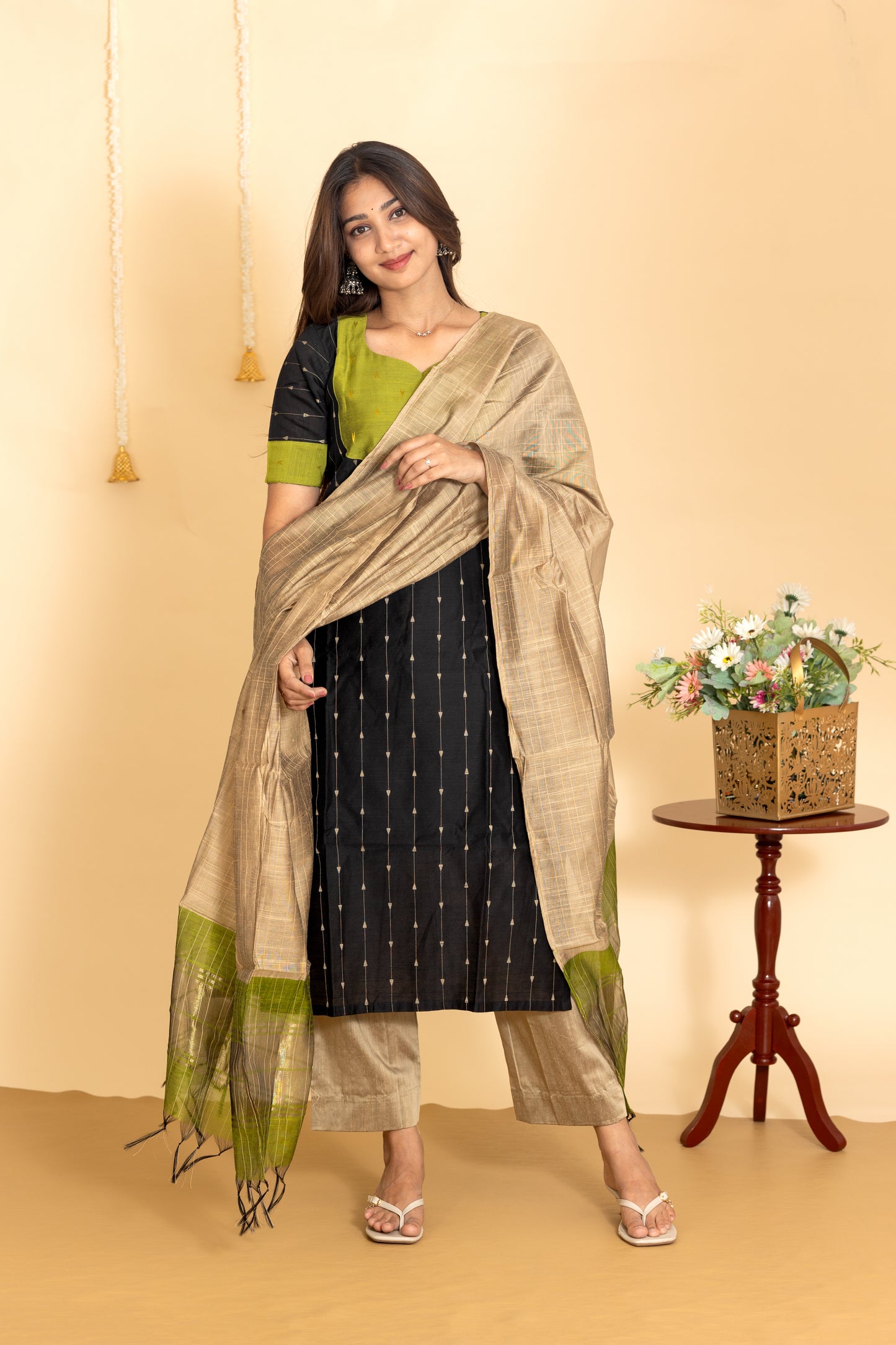Aira salwar set in charcoal black and olive green