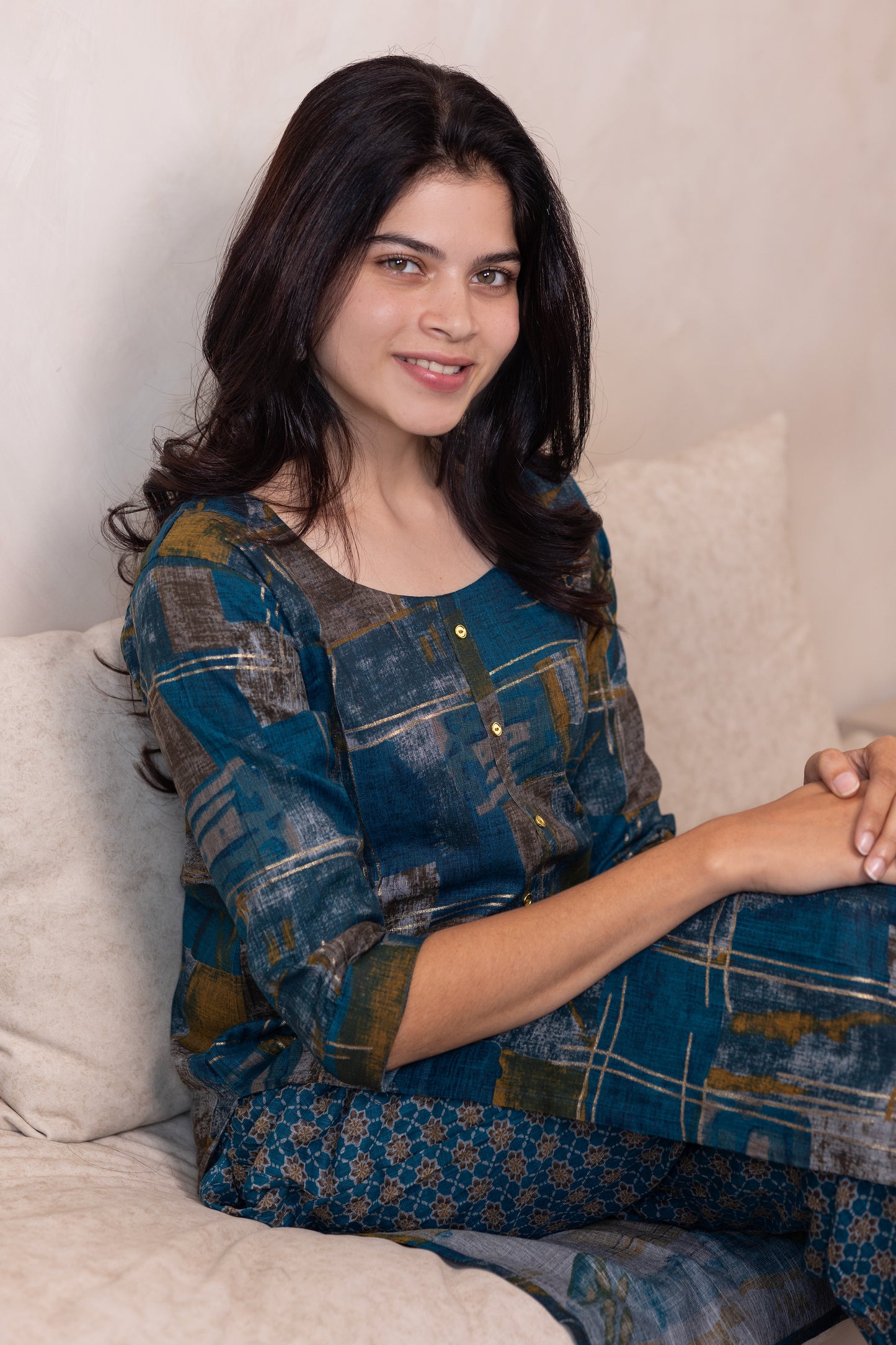 Megha kurti set in blue with multicolor design