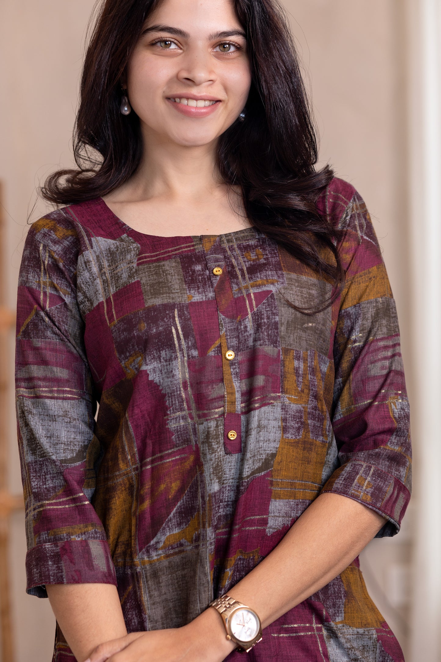 Megha kurti set in maroon with multicolor design