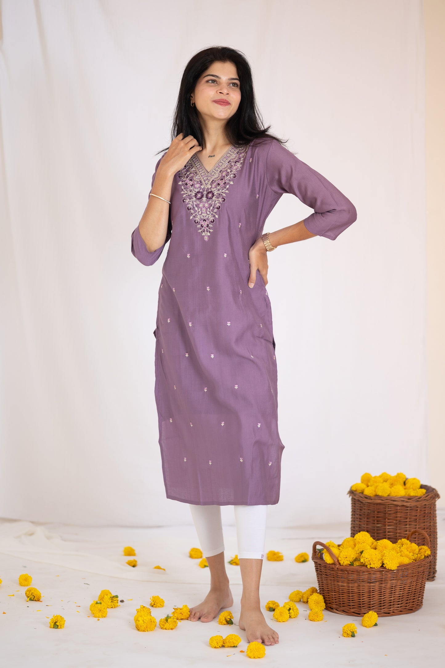 Suhana Kurti with embroidery detailing in purple