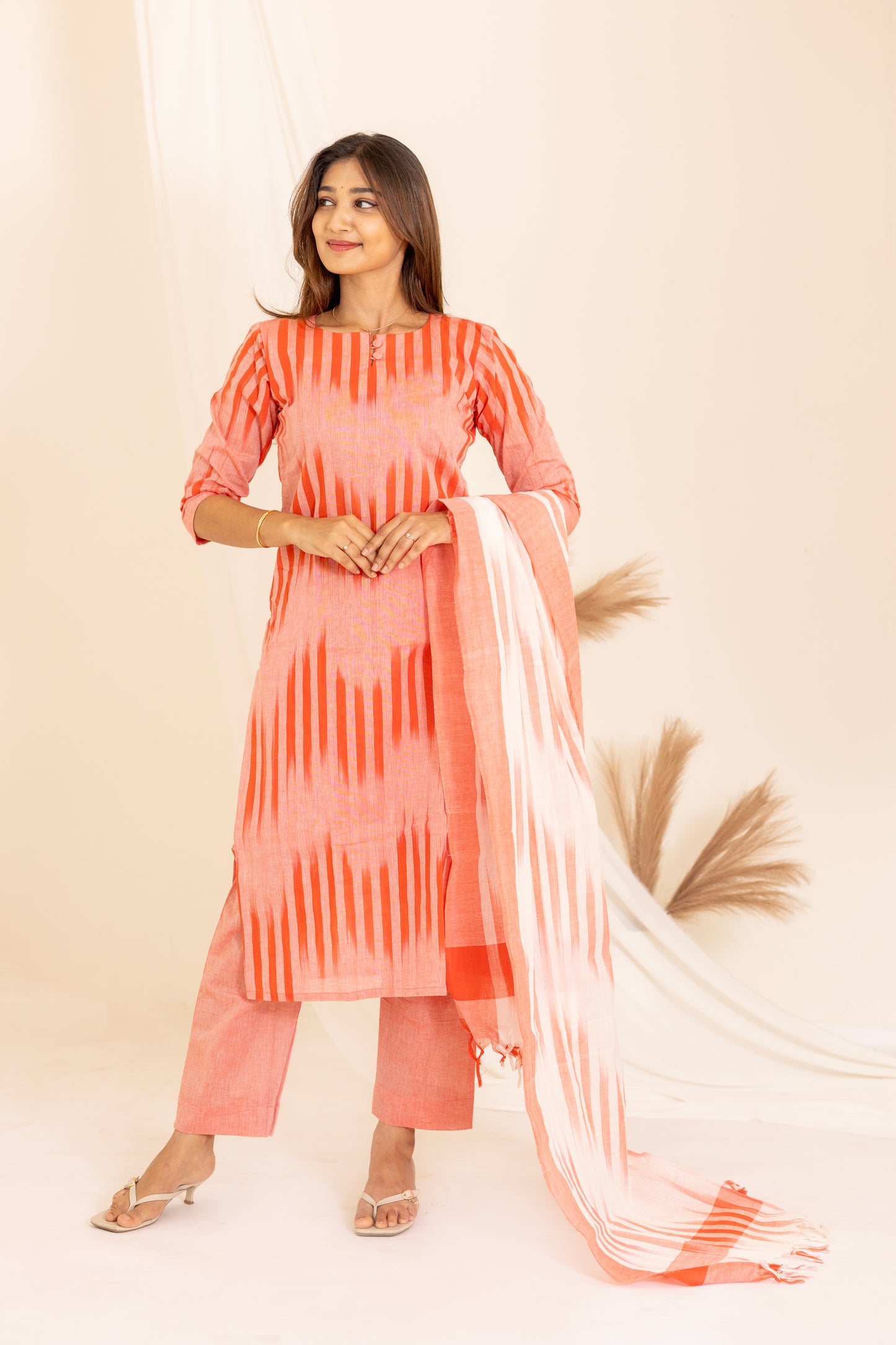 Anvitha handloom ikkat salwar set in salmon pink