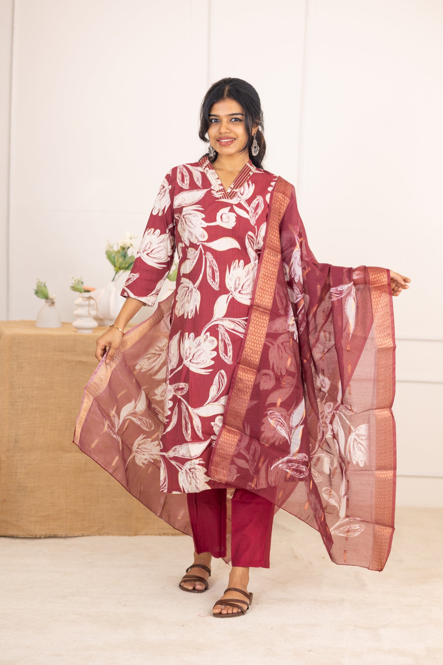 Sahithya salwar set in vintage marooon in vertican fabric
