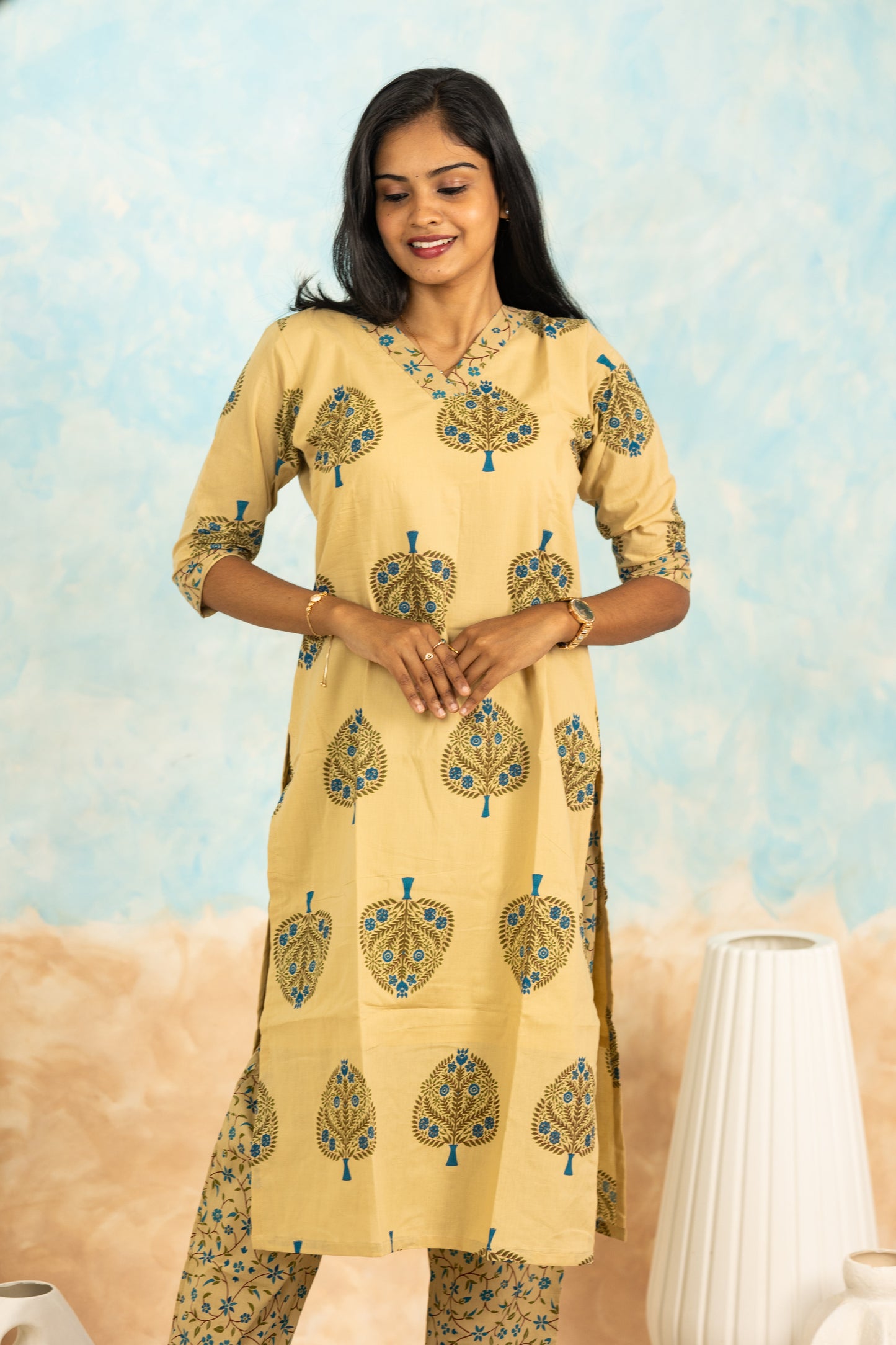 Kurinji soft cotton kurti set in cream