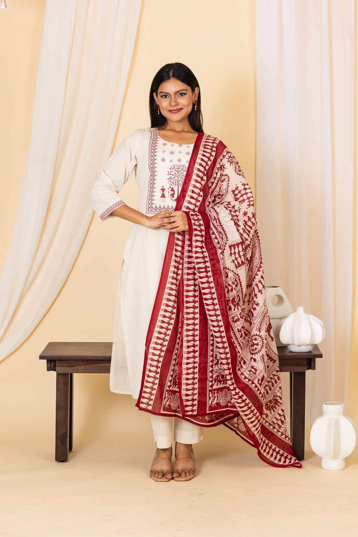 Pooja salwar set in half white with maroon print