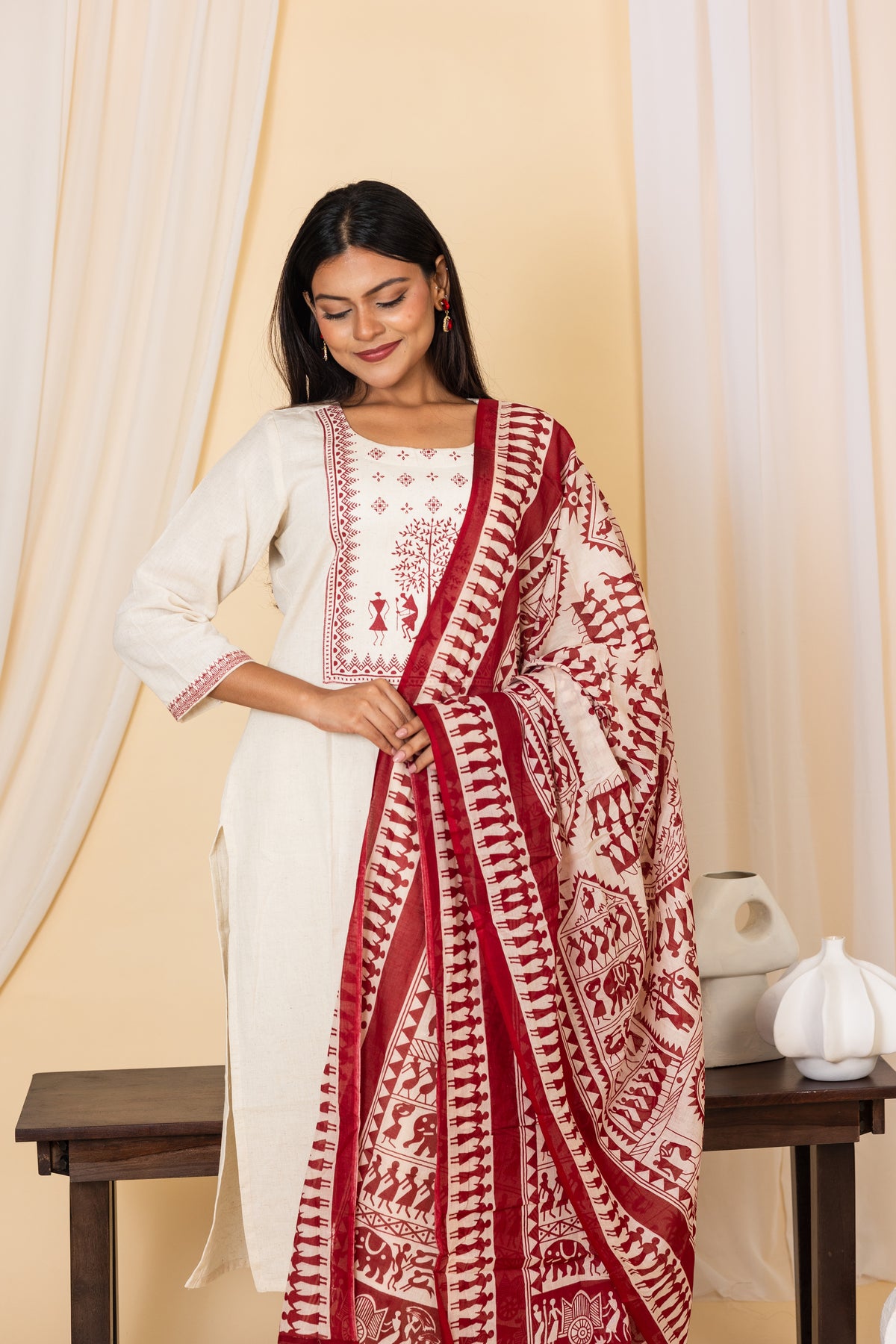 Pooja salwar set in half white with maroon print