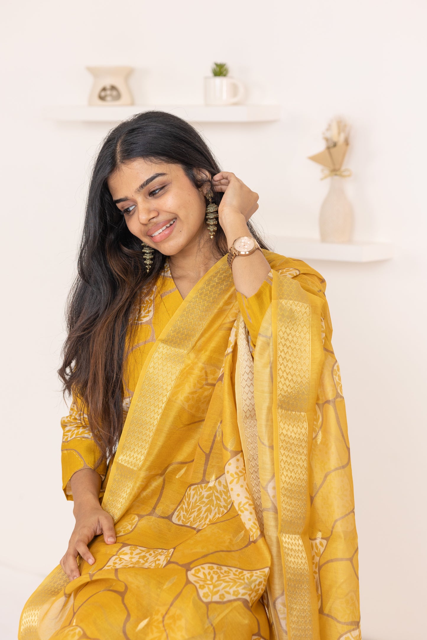 Ziya salwar set in mustard yellow with flower design in vertican fabric