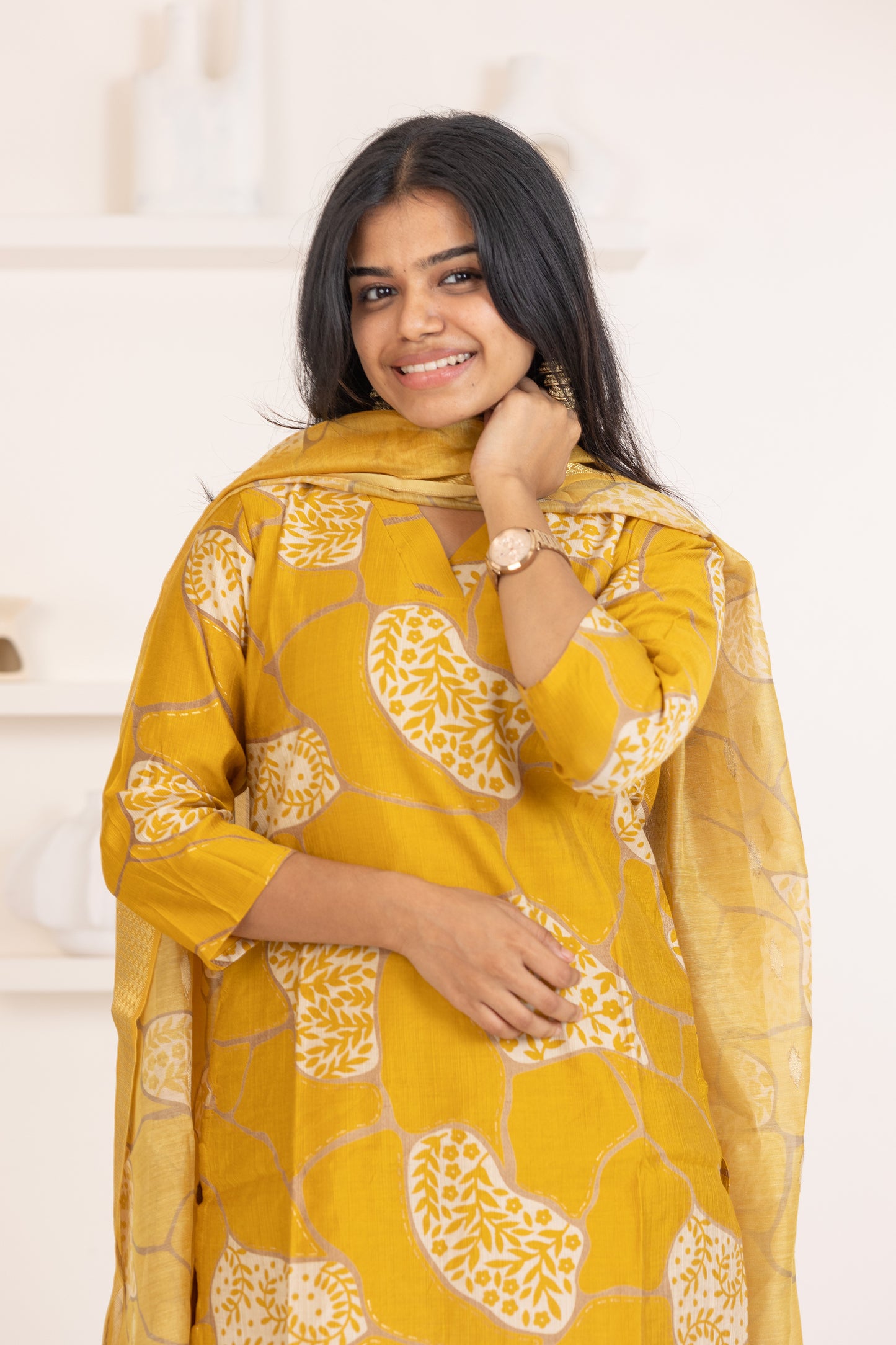 Ziya salwar set in mustard yellow with flower design in vertican fabric