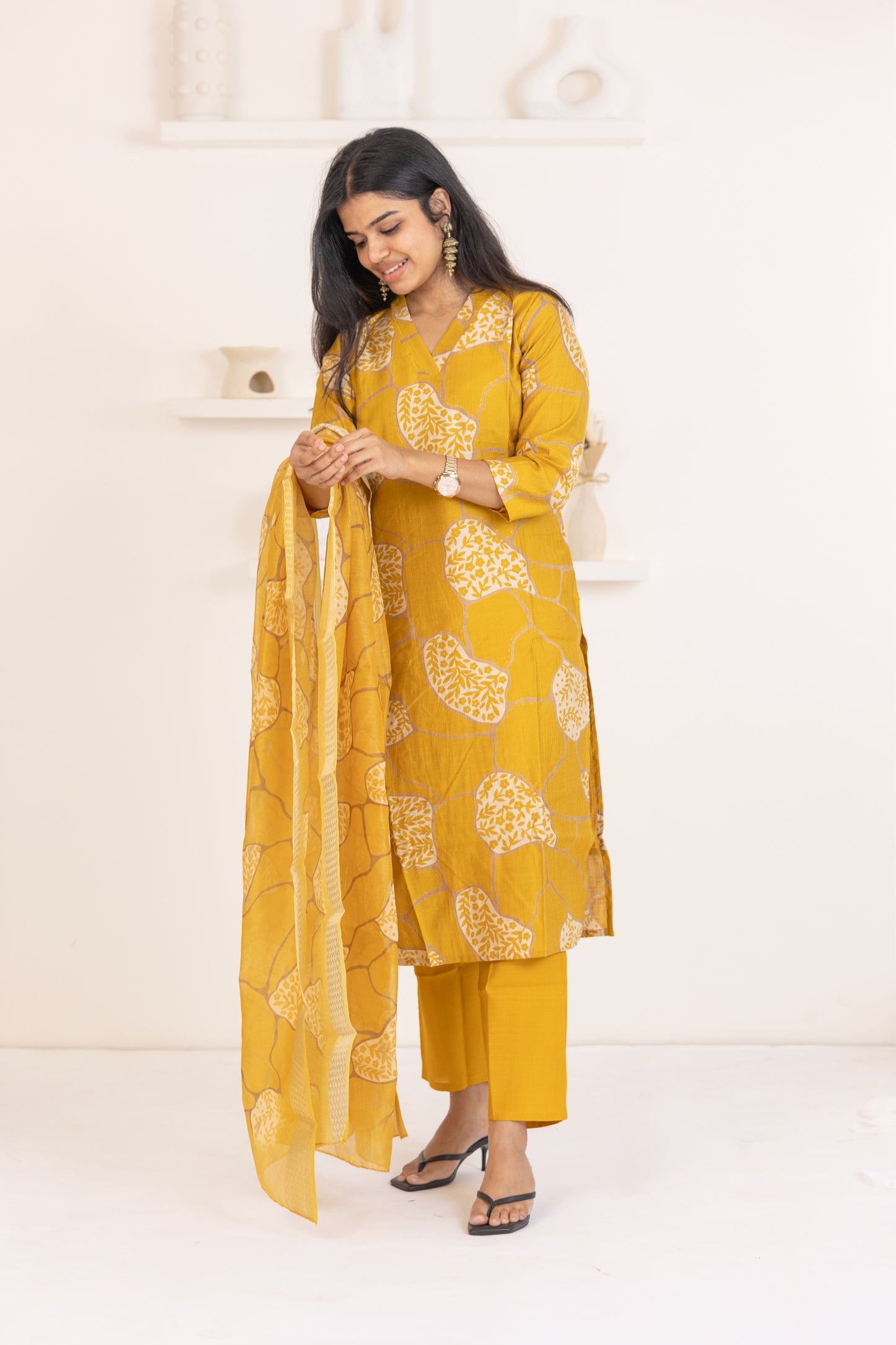 Ziya salwar set in mustard yellow with flower design in vertican fabric