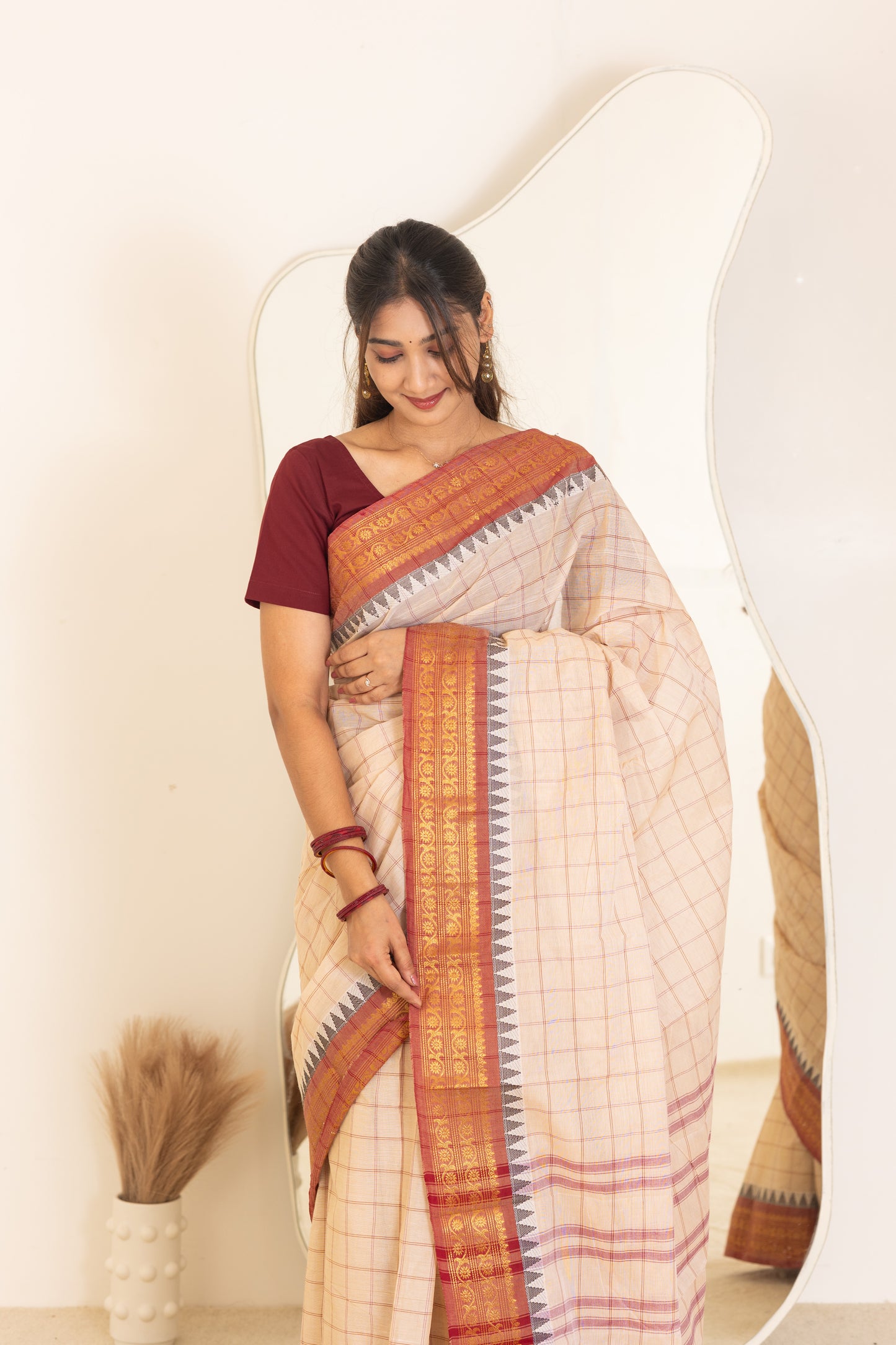 Kadal meengal Cotton saree in soft cream (Own weaving)