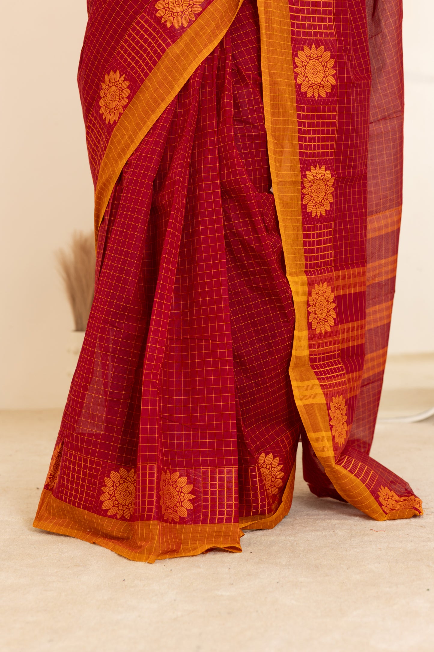 Kadal meengal Cotton saree in red and deep maroon (Own weaving)
