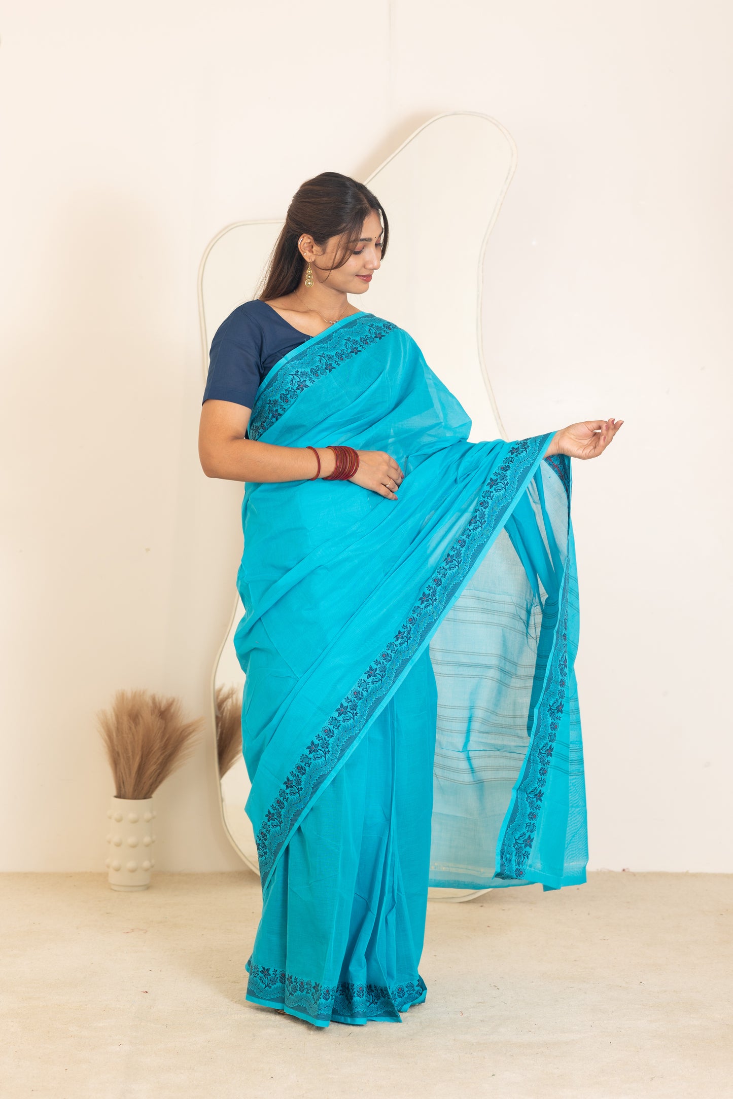 Kadal meengal Cotton saree in light blue ( Own weaving)