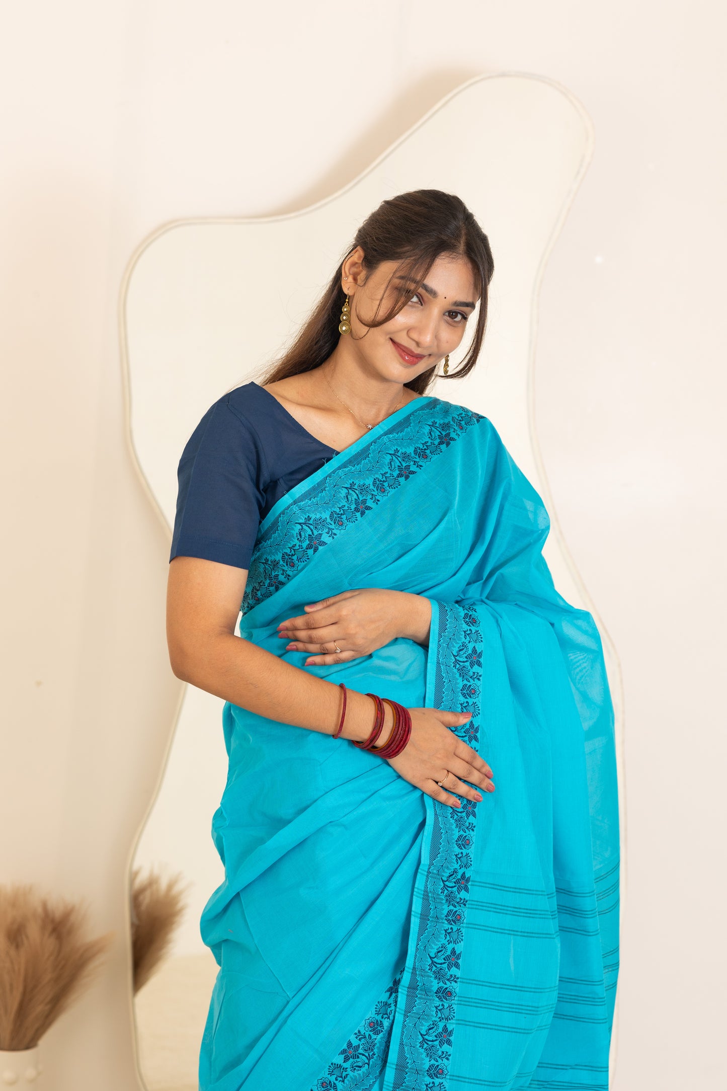 Kadal meengal Cotton saree in light blue ( Own weaving)