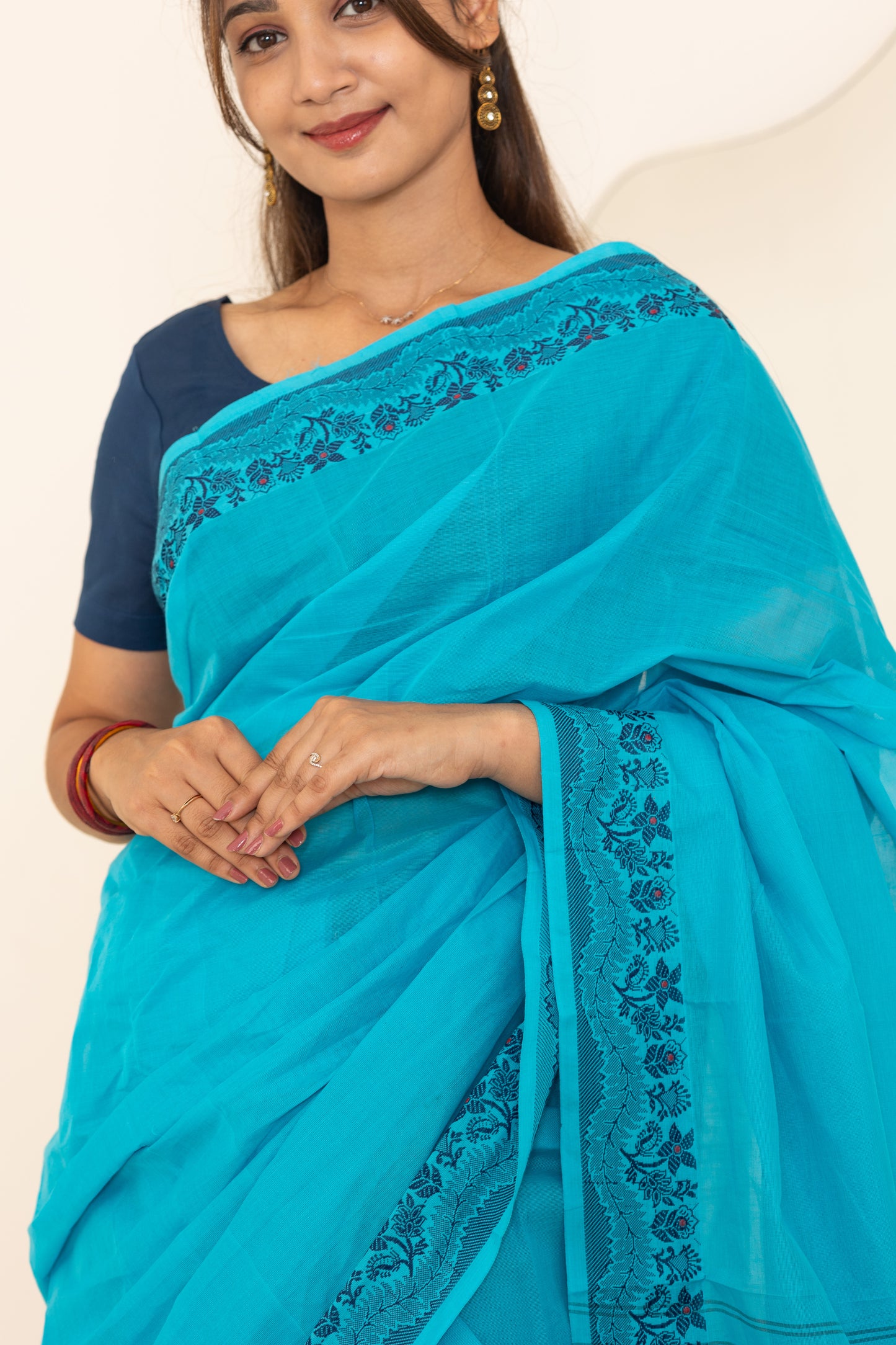 Kadal meengal Cotton saree in light blue ( Own weaving)