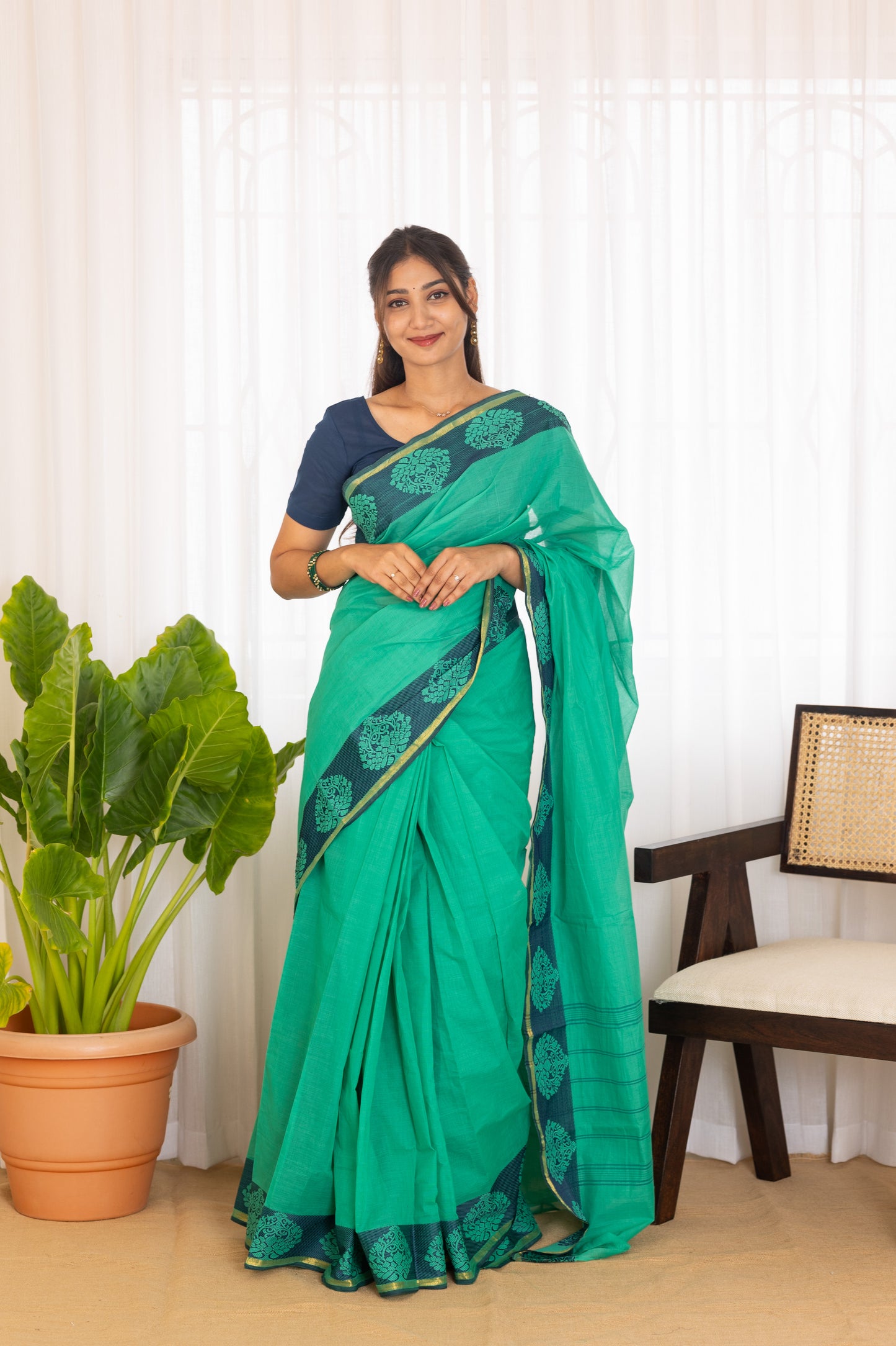 Kadal meengal Cotton saree in emerald green ( Own weaving)