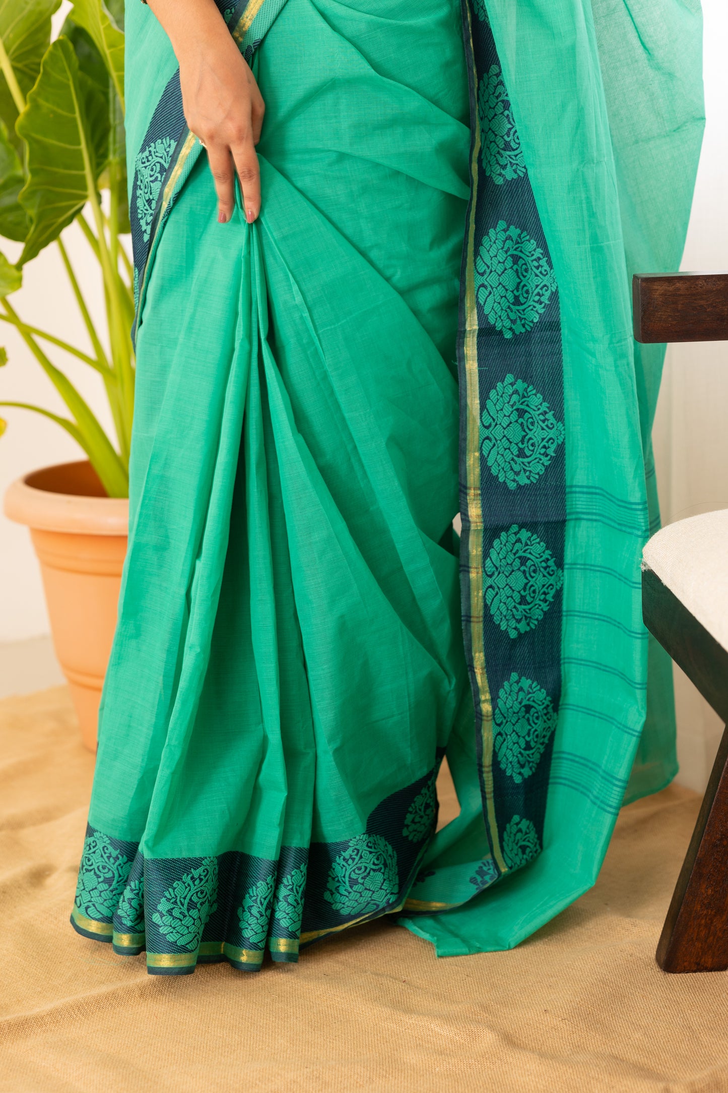 Kadal meengal Cotton saree in emerald green ( Own weaving)