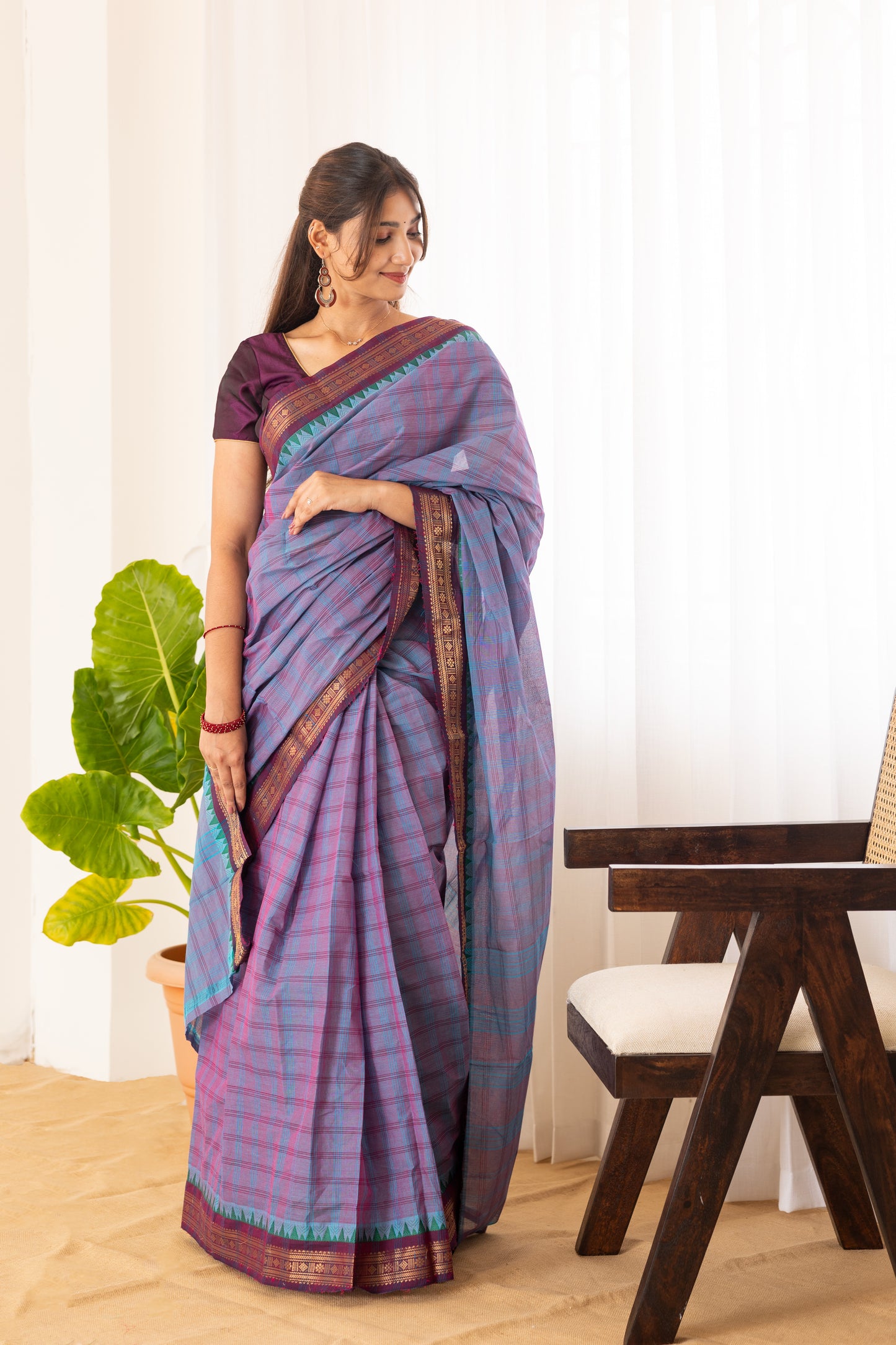 Kadal meengal Cotton saree in lavendar aqua blue ( Own weaving)