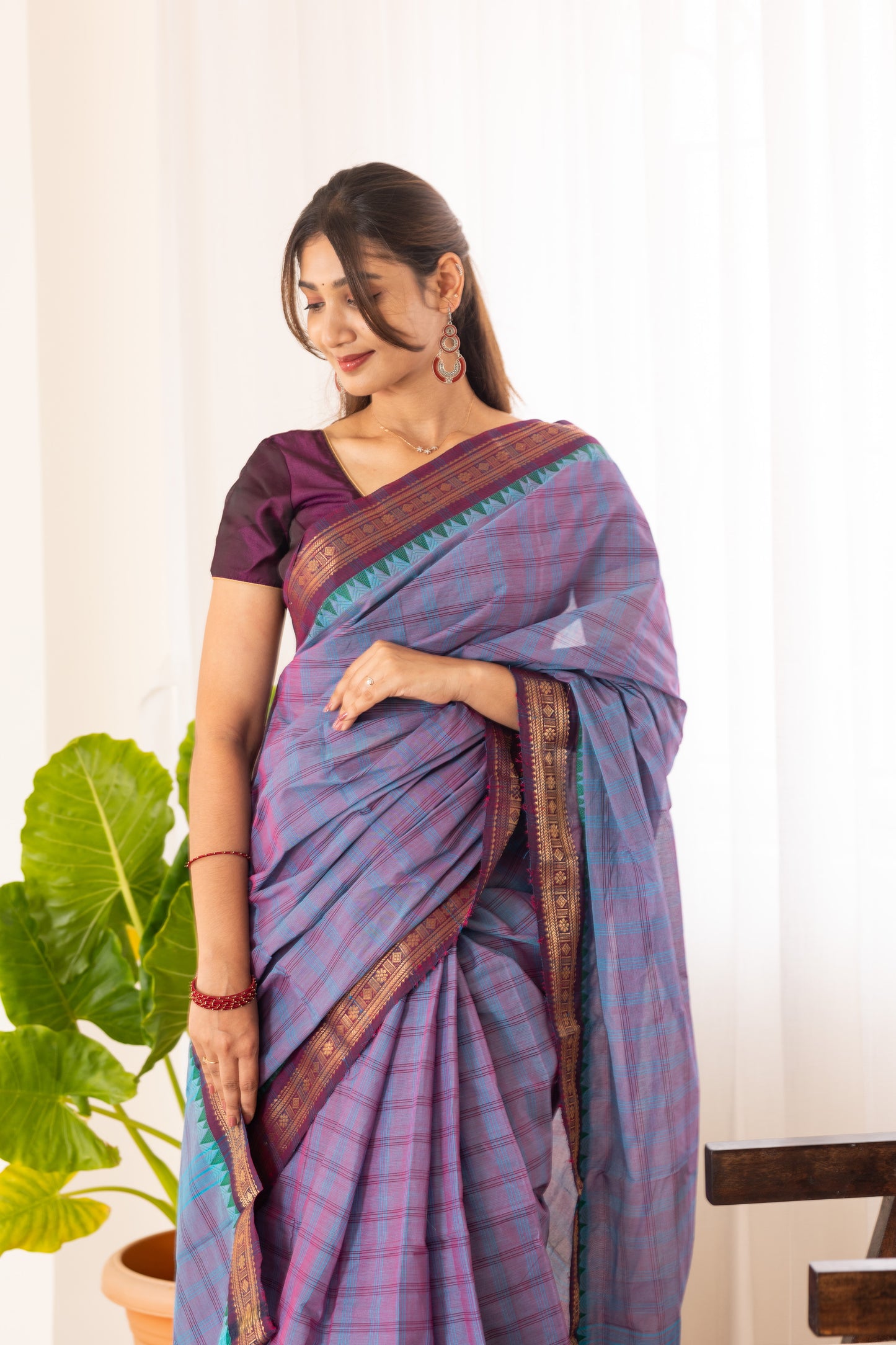 Kadal meengal Cotton saree in lavendar aqua blue ( Own weaving)