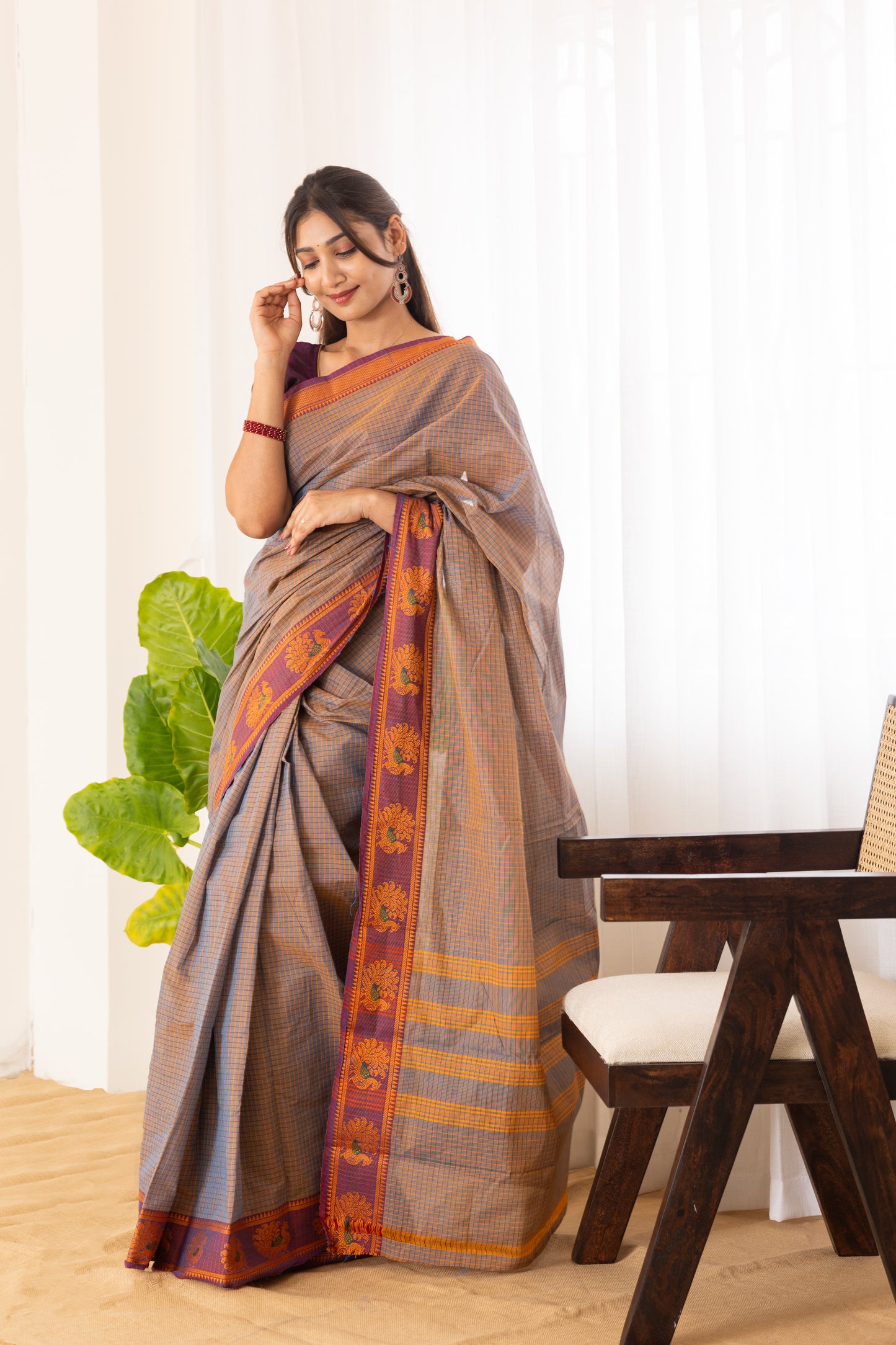 Kadal meengal Cotton saree in ash lavendar ( Own weaving)
