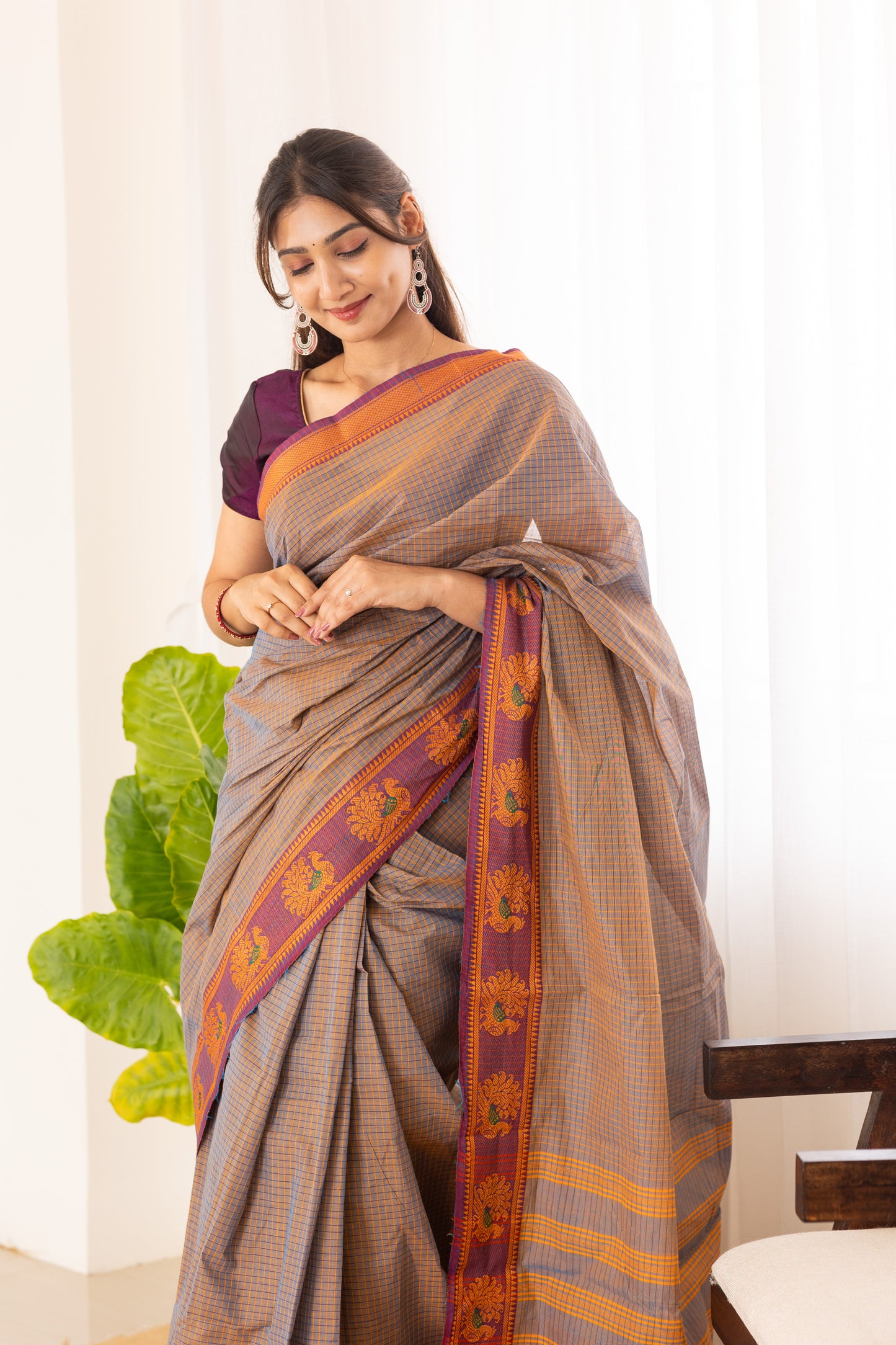 Kadal meengal Cotton saree in ash lavendar ( Own weaving)