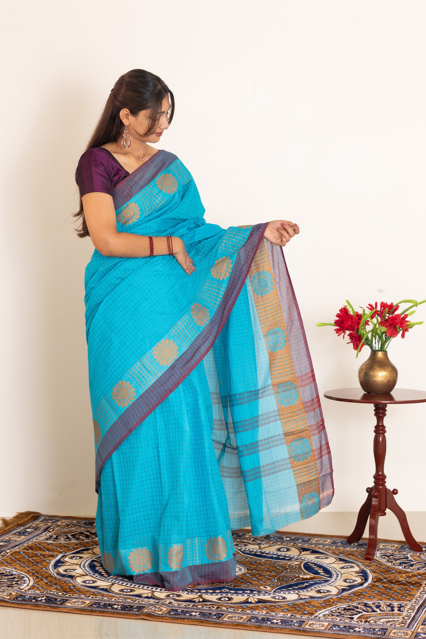 Kadal meengal Cotton saree in sky blue (Own weaving)
