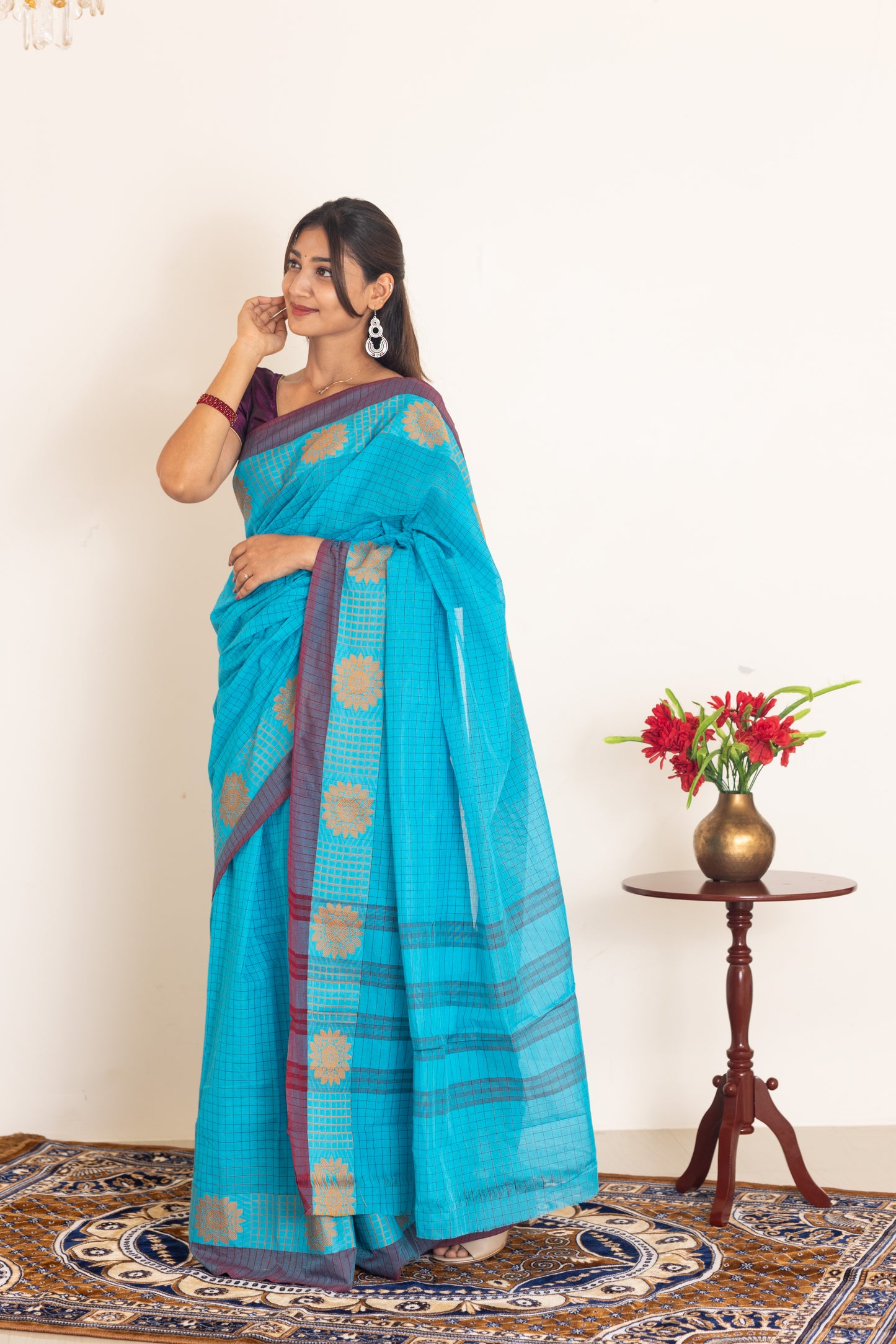 Kadal meengal Cotton saree in sky blue (Own weaving)