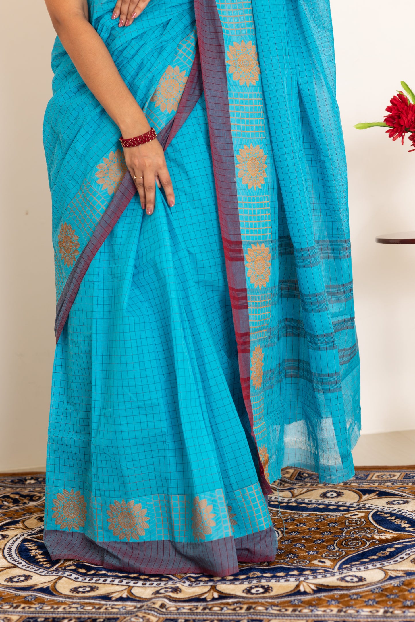 Kadal meengal Cotton saree in sky blue (Own weaving)