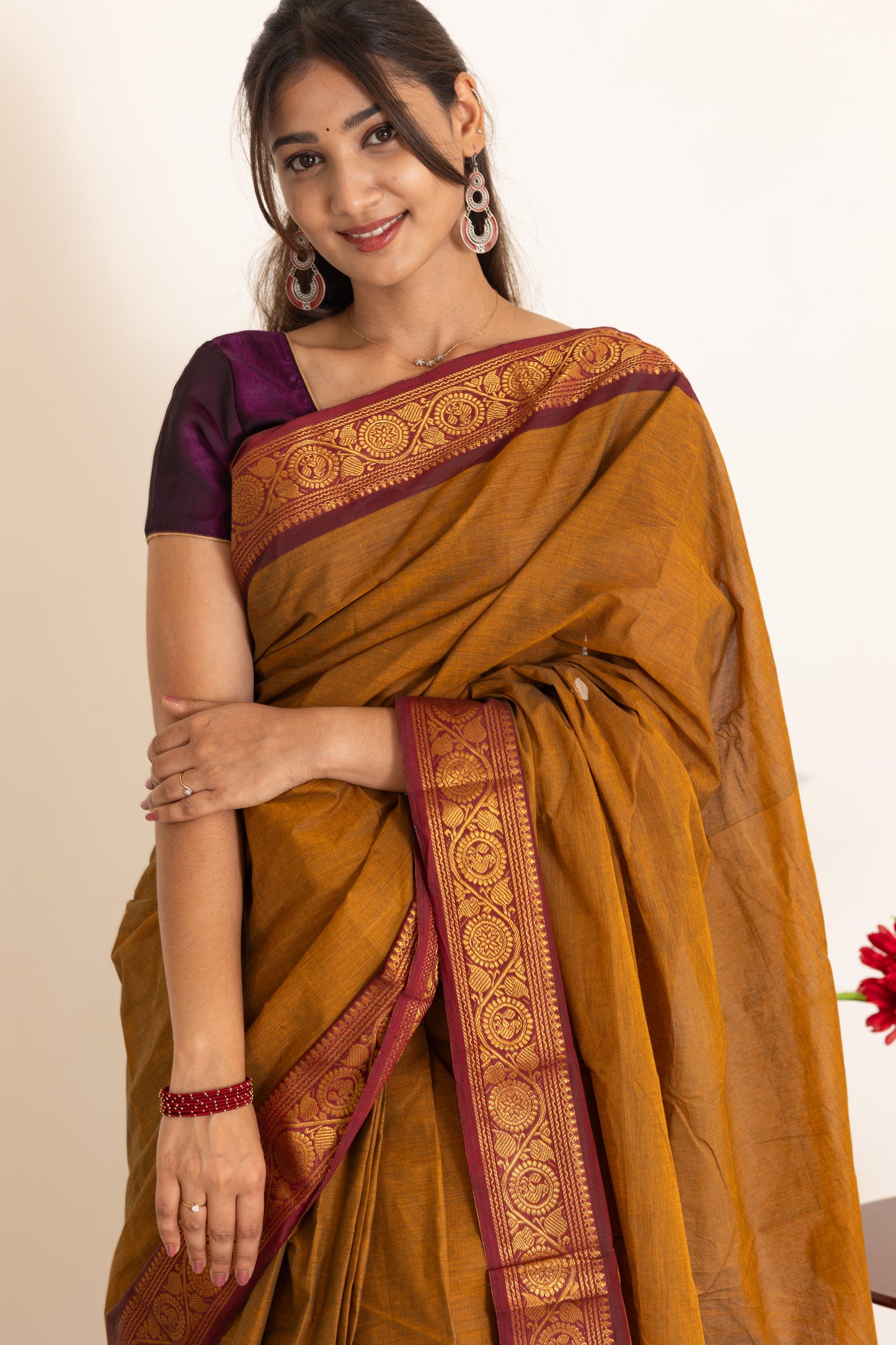 Kadal meengal Cotton saree in honey mustard ( Own weaving)