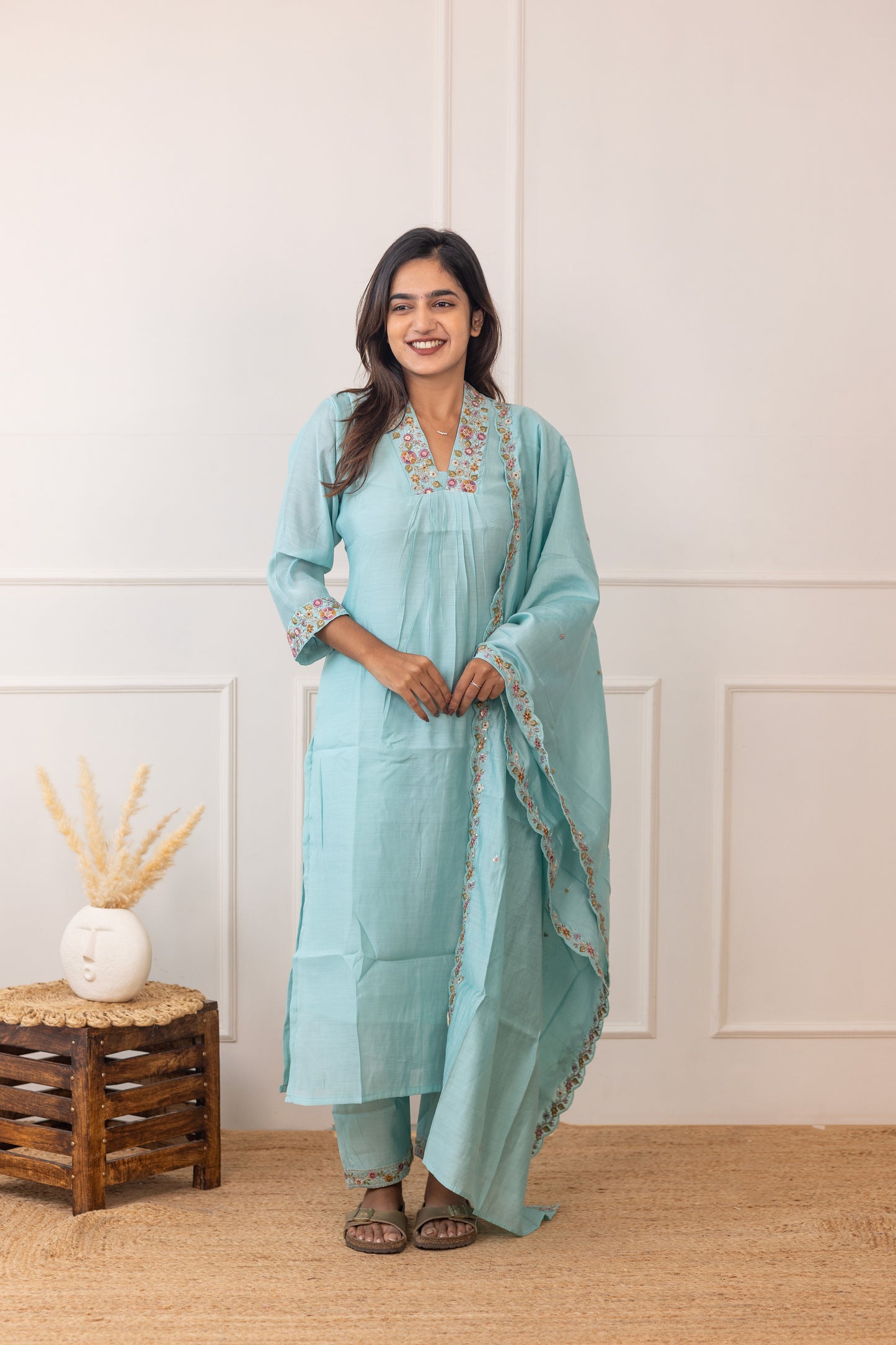 Tanishka embroided salwar set in light sky green (Mul chanderi)