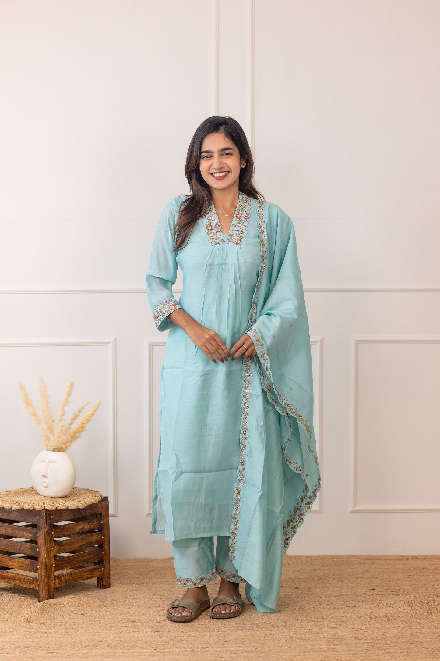 Tanishka embroided salwar set in light sky green (Mul chanderi)