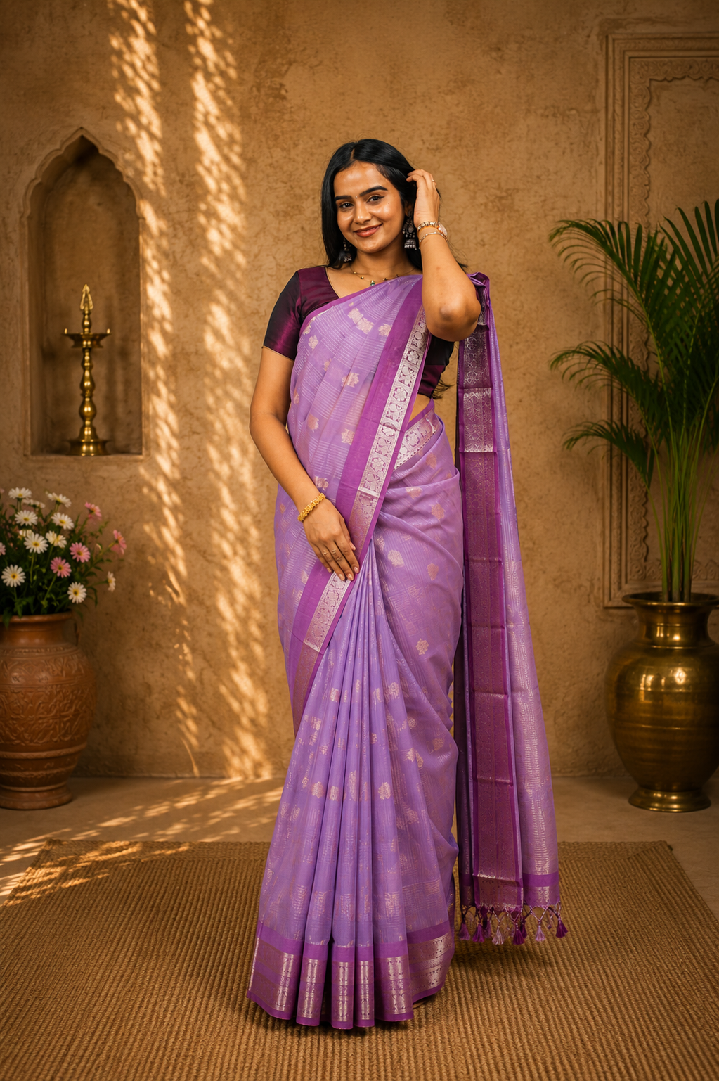 Silk cotton saree in traditional butta lilac with lavender border