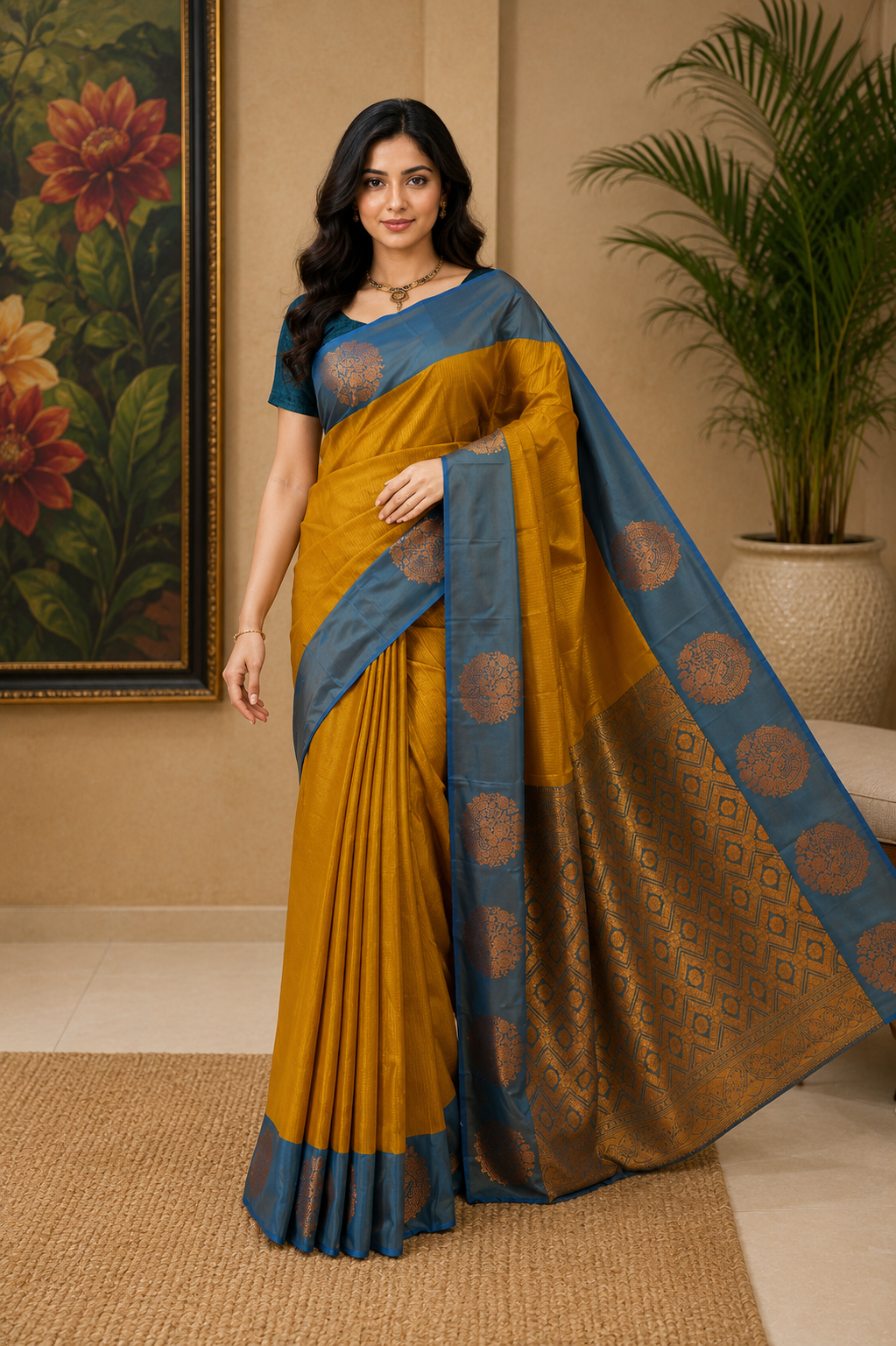 Art pure silk in golden green with steel blue
