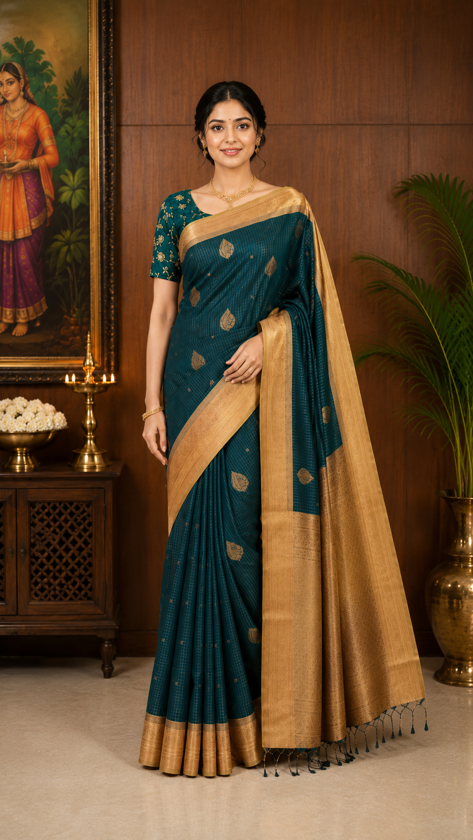 sythentic bottle green saree with golden zari