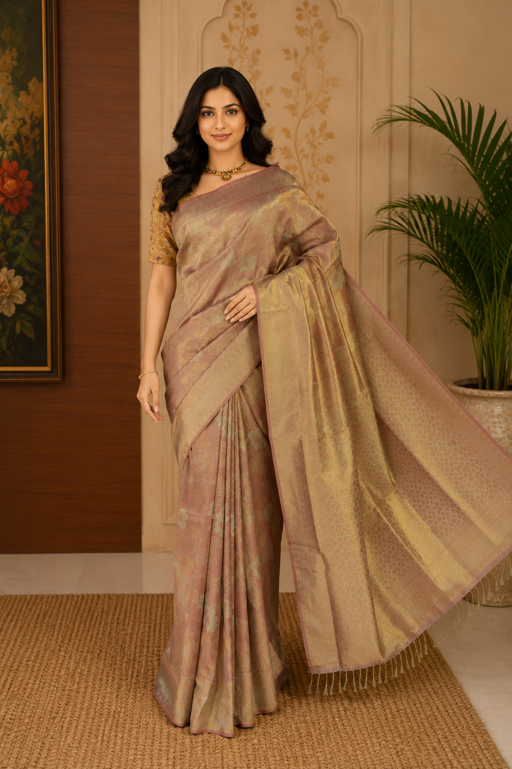 Synthetic saree in Rich Antique Gold