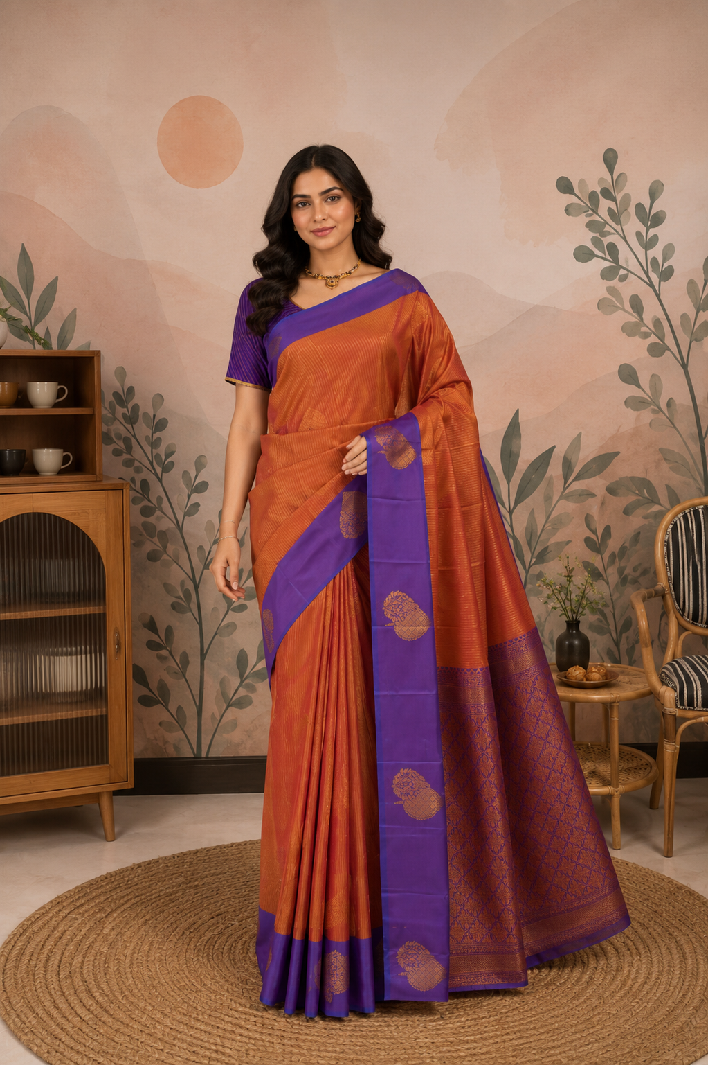 Art pure silk in Burnt Orange with Royal Lavender