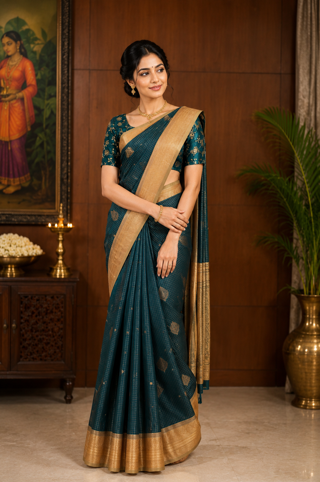 sythentic bottle green saree with golden zari