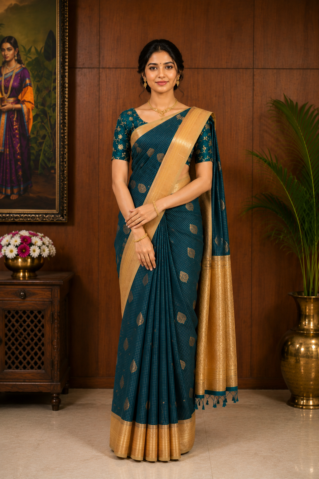 sythentic bottle green saree with golden zari