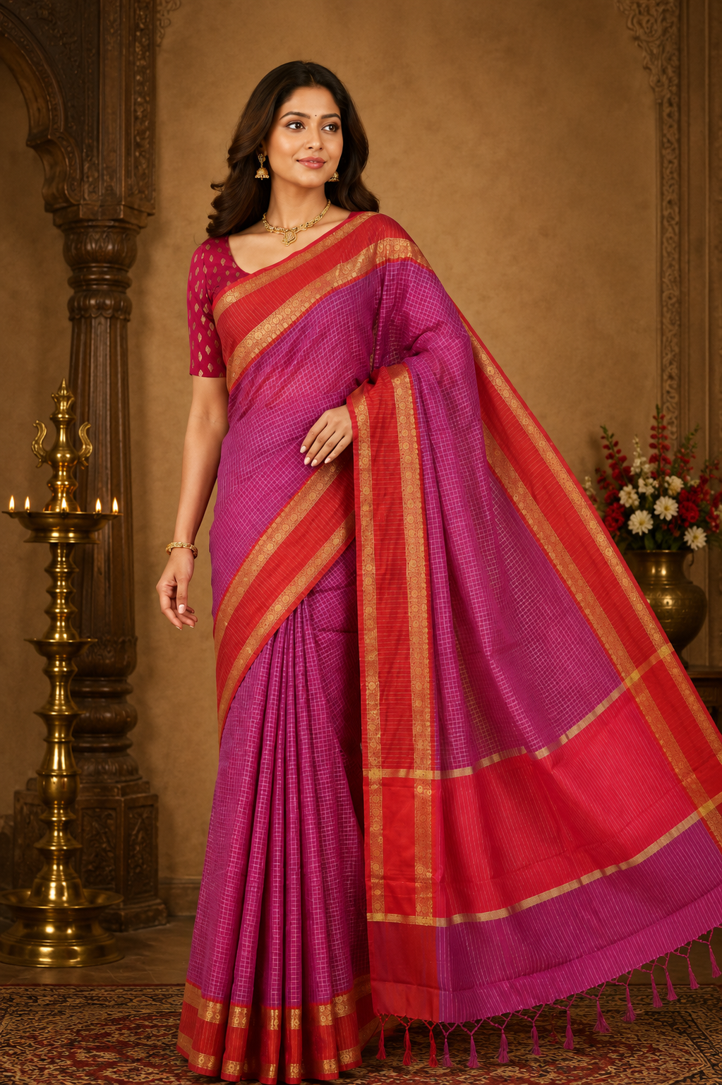 Synthetic print saree in magenta