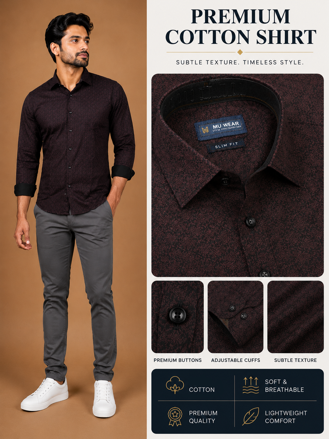 Men's full sleeve cotton shirt in deep maroon