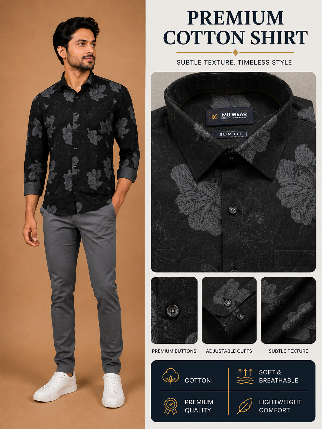 Men's full sleeve cotton shirt in black floral print