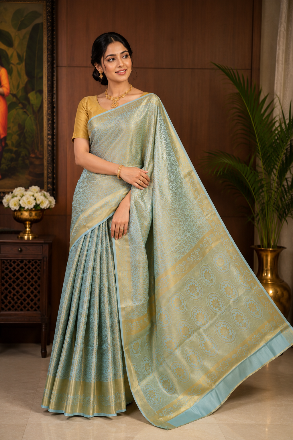 sythentic pastel blue with golden border