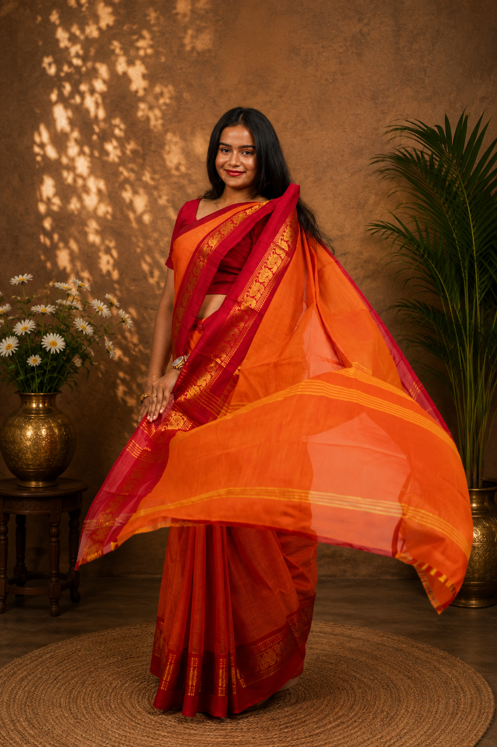 Kadal meengal Karaikudi cotton saree in orange with red border