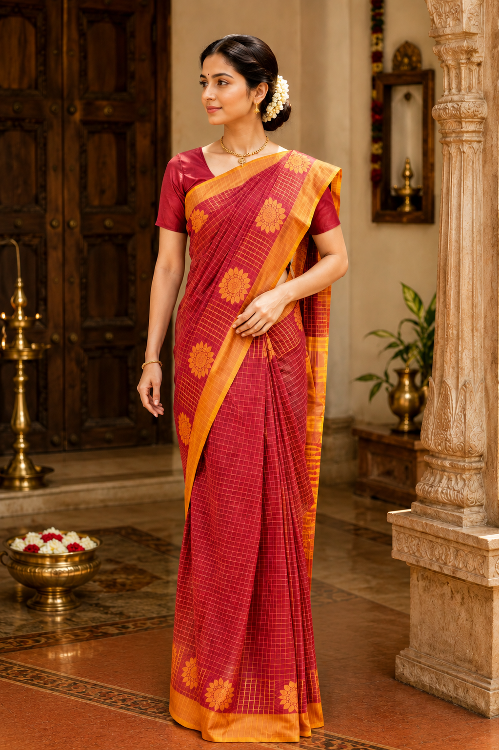 Kadal meengal Cotton saree in red and deep maroon (Own weaving)