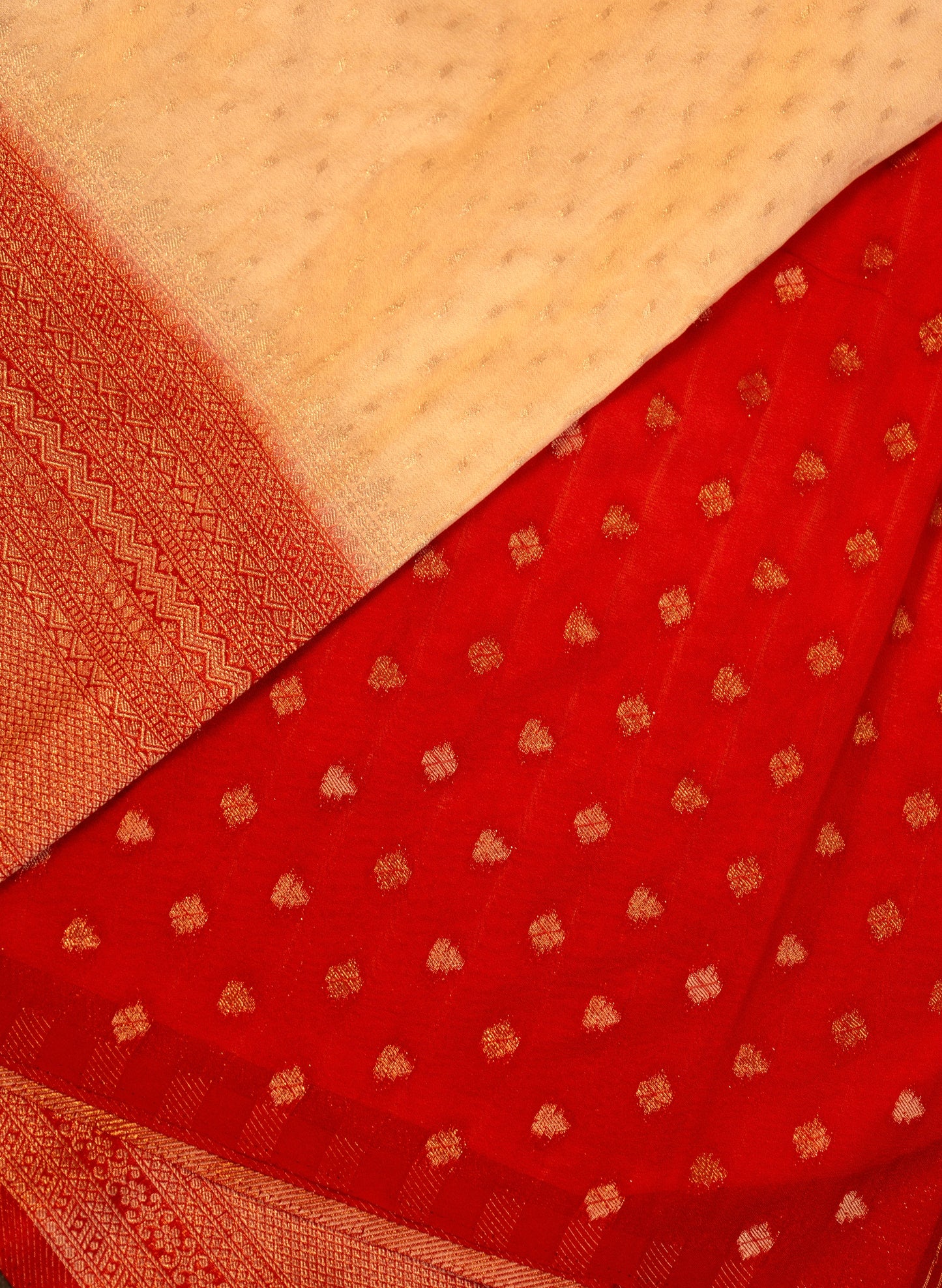 Tissue georgette saree in off white and red with silver zari