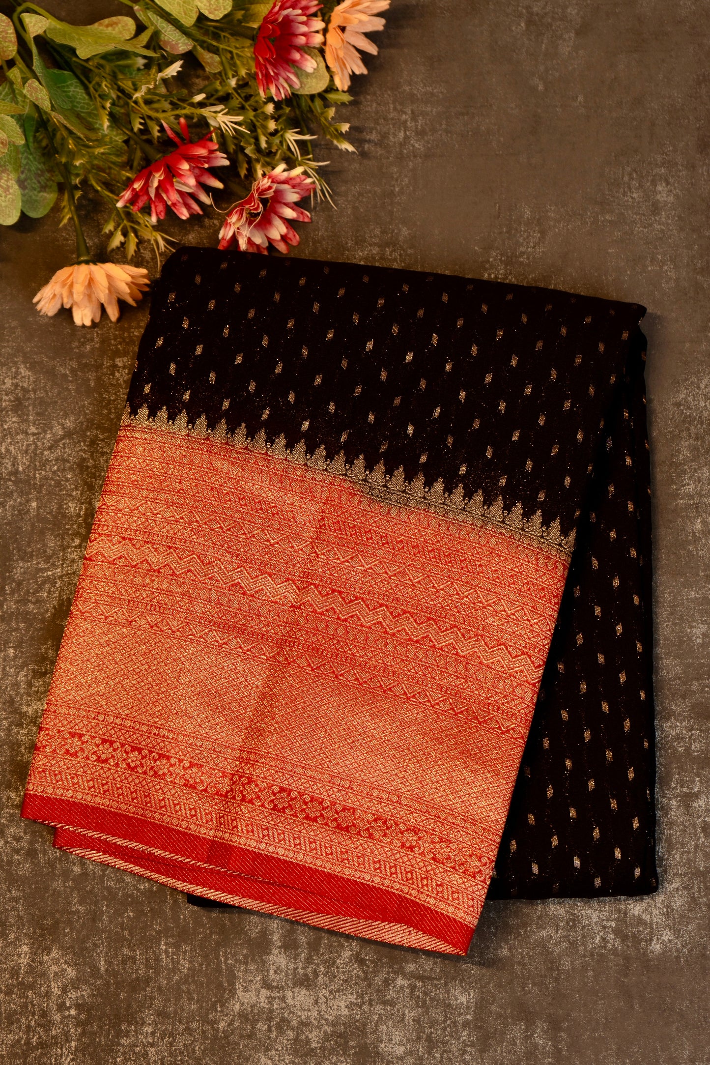 Tissue georgette saree in black and red with silver zari