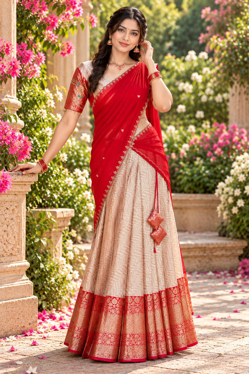 Janvi Peach & Tomato Red Varnasi Jacquard Half Saree Set